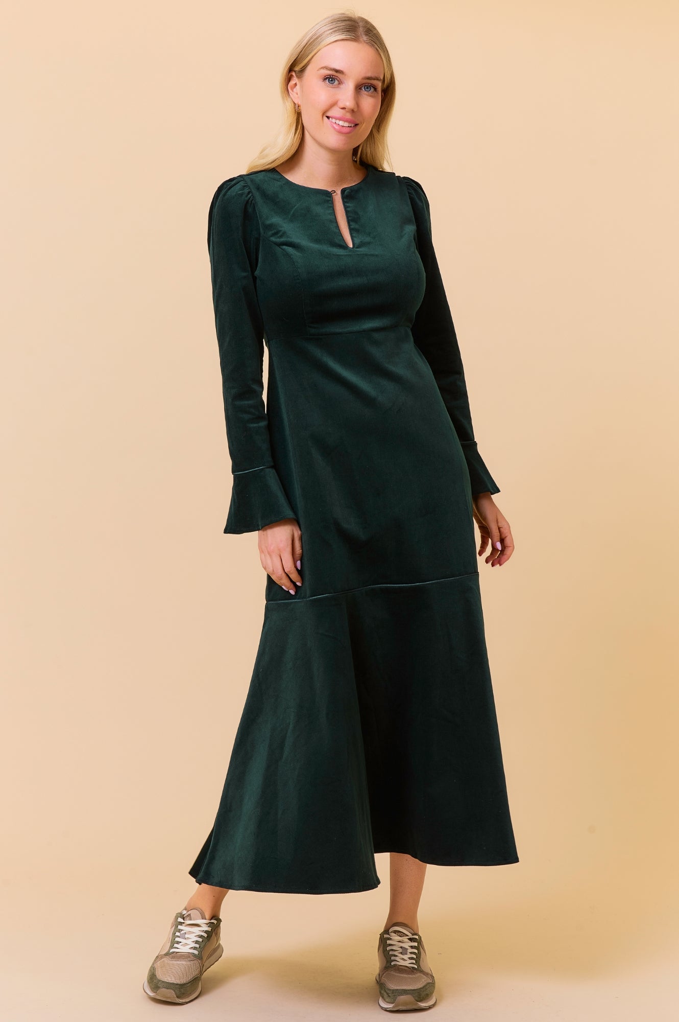 Paloma Round Neck Long Sleeve Stretch Corduroy Dress - Bottle Green