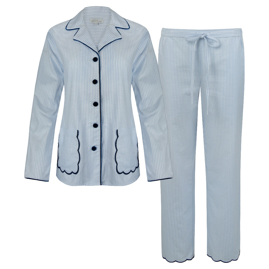 Blue Stripe Scalloped Brushed Cotton Pyjamas