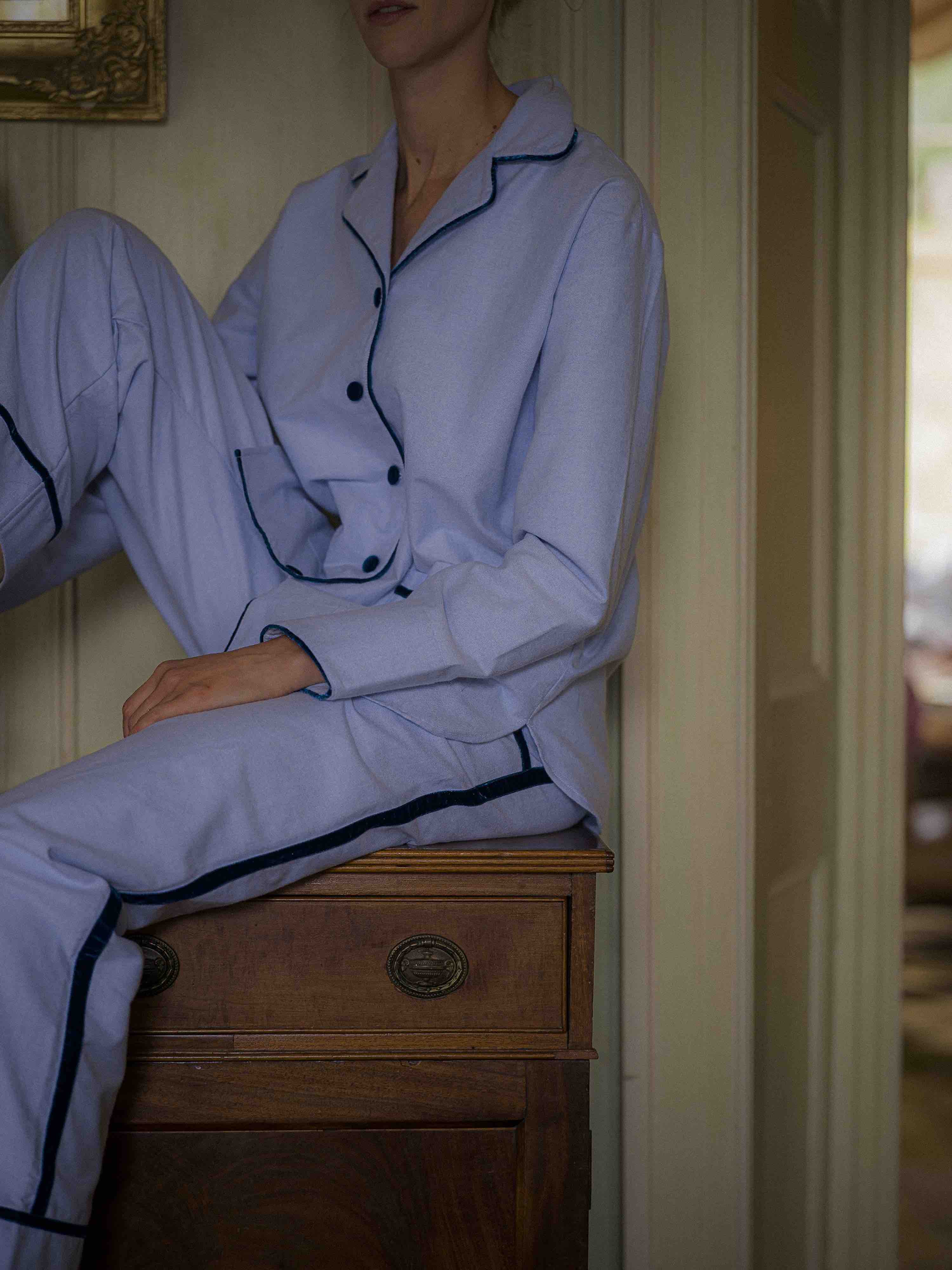 Blue Brushed Cotton Velvet Pyjamas