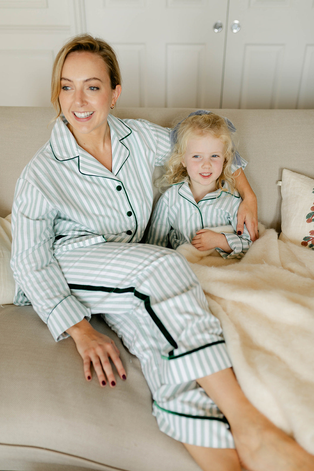 Green Stripe Brushed Cotton Velvet Pyjamas