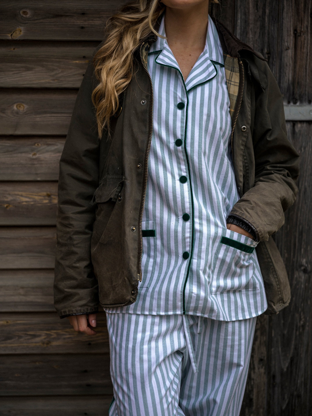 Green Stripe Brushed Cotton Velvet Pyjamas