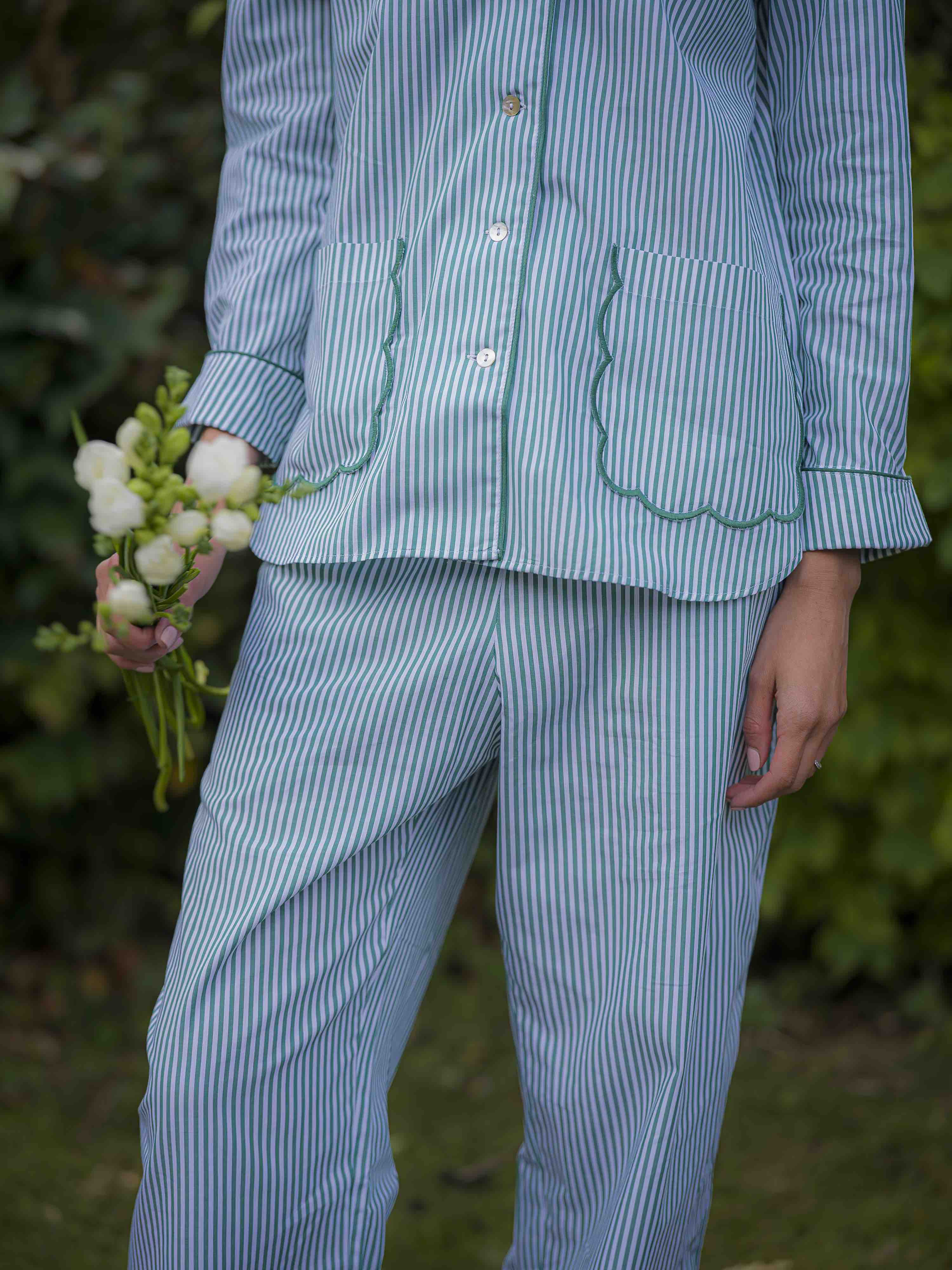 Green Striped Scalloped Pyjama Set Cotton Poplin