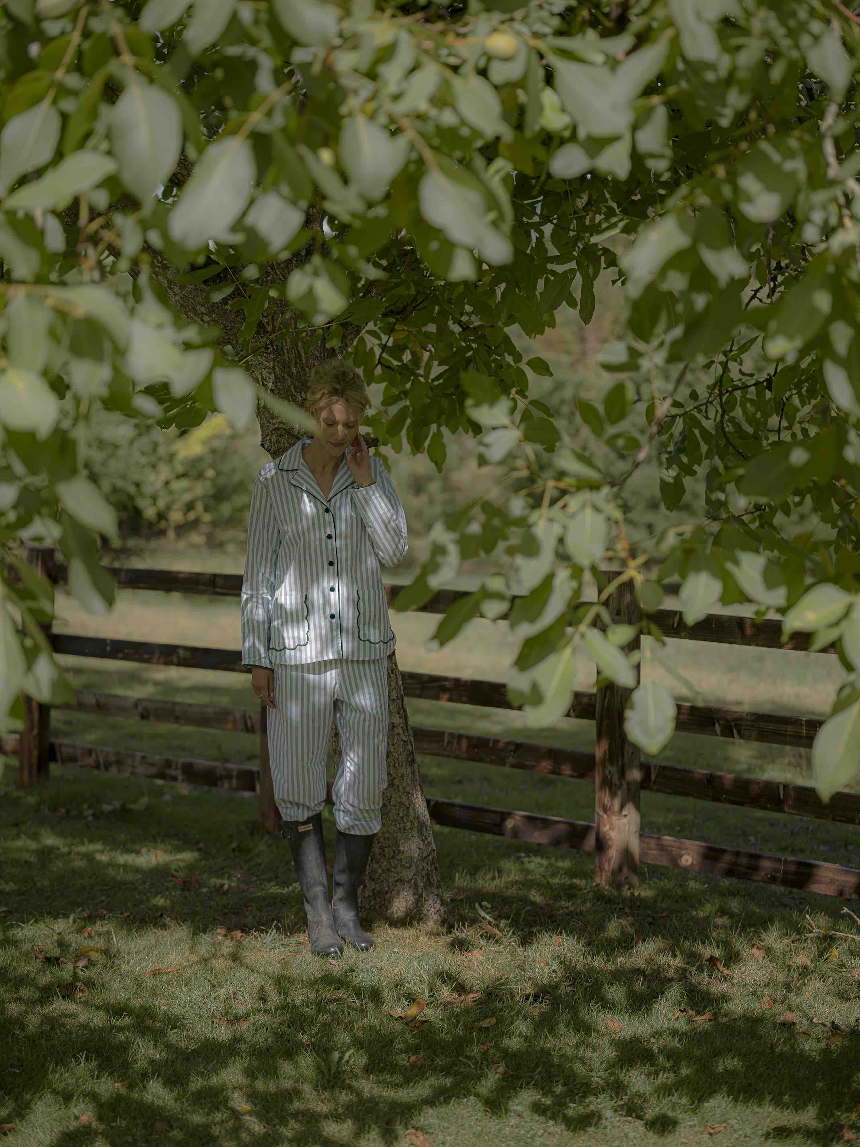 Green Stripe Scalloped Brushed Cotton Pyjamas