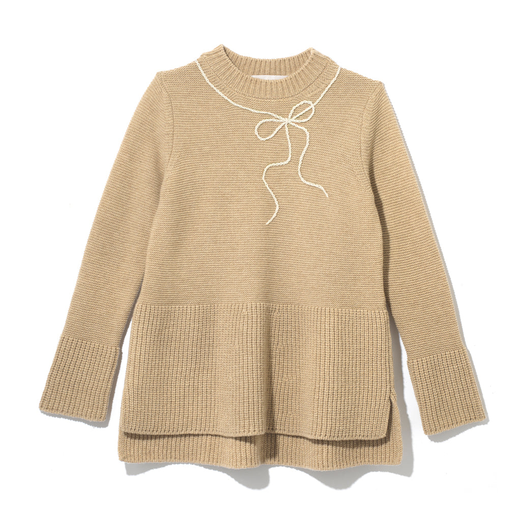 Teddy Sweater With Shoelace Bow - Beige