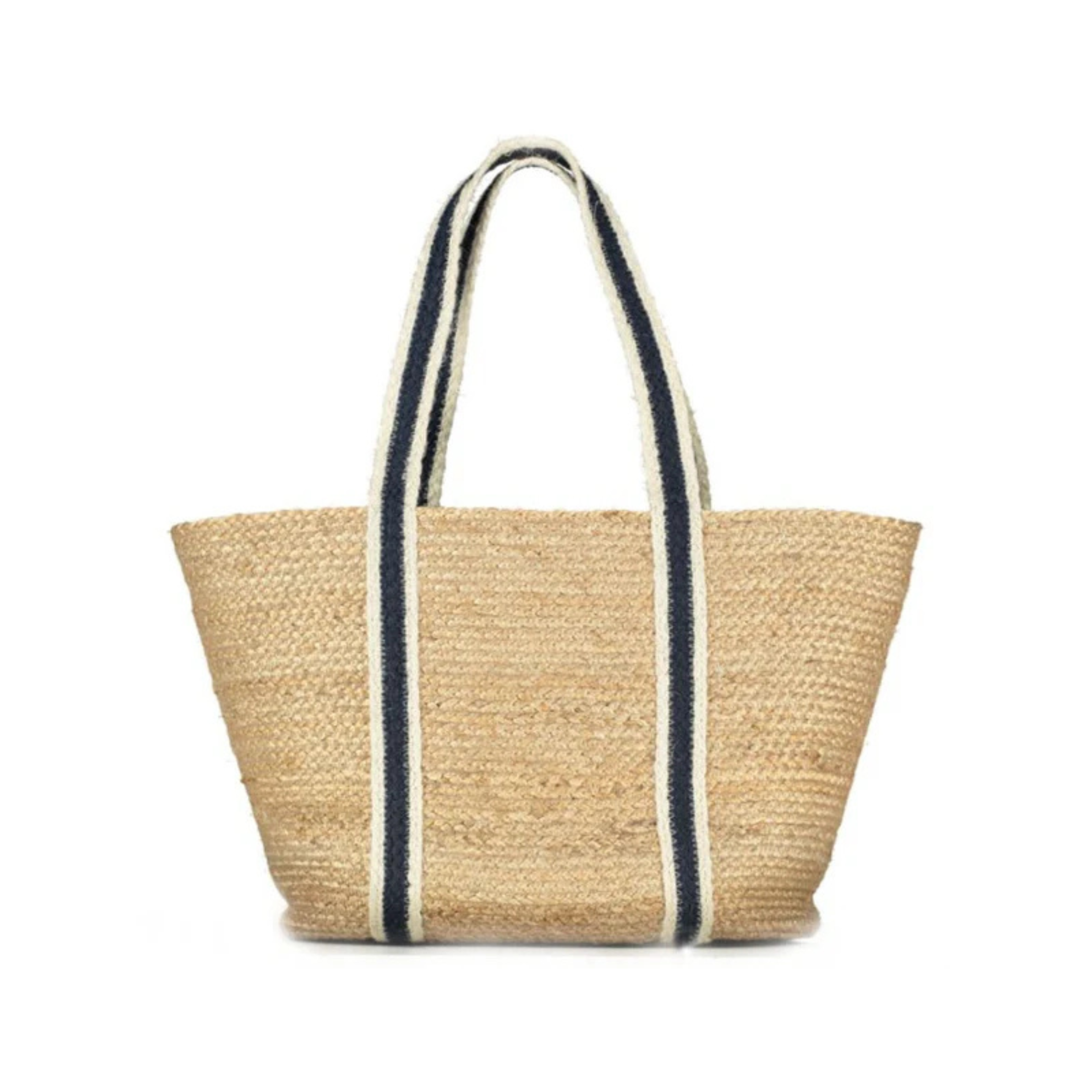 Navy Stripe Long Handle Raw Jute Tote Bag