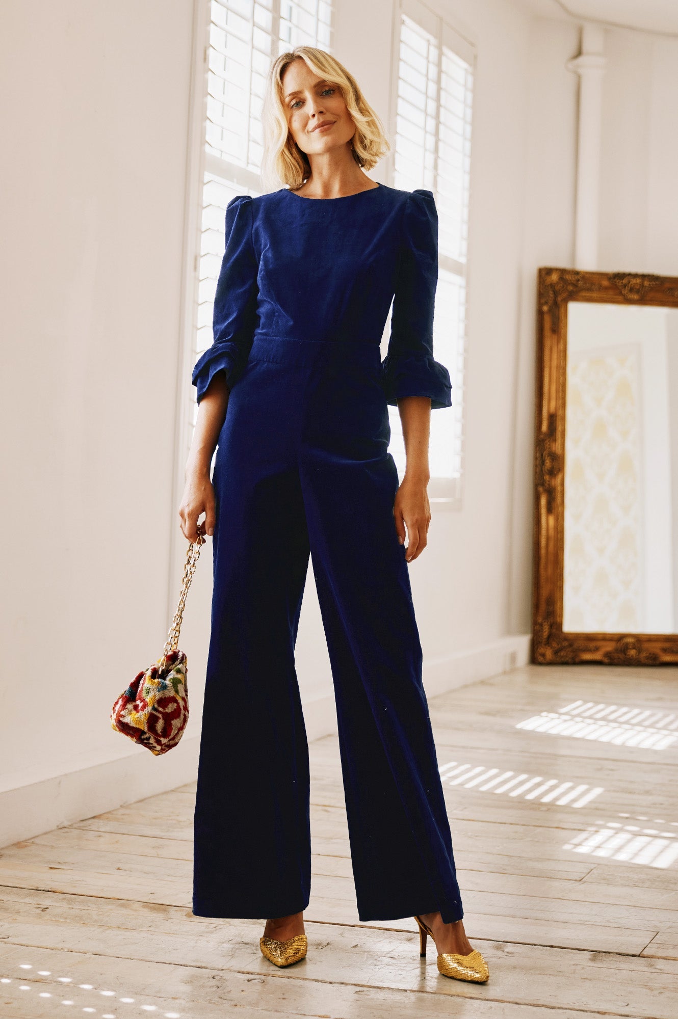 Victoria 3/4 Sleeve Stretch Corduroy Jumpsuit - Atlantic Blue