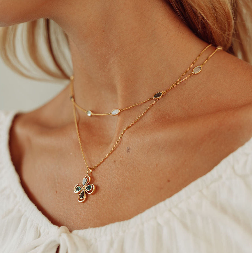 Lola Necklace in Gold With London Blue Topaz, Sky Blue Topaz and Rainbow Moonstone