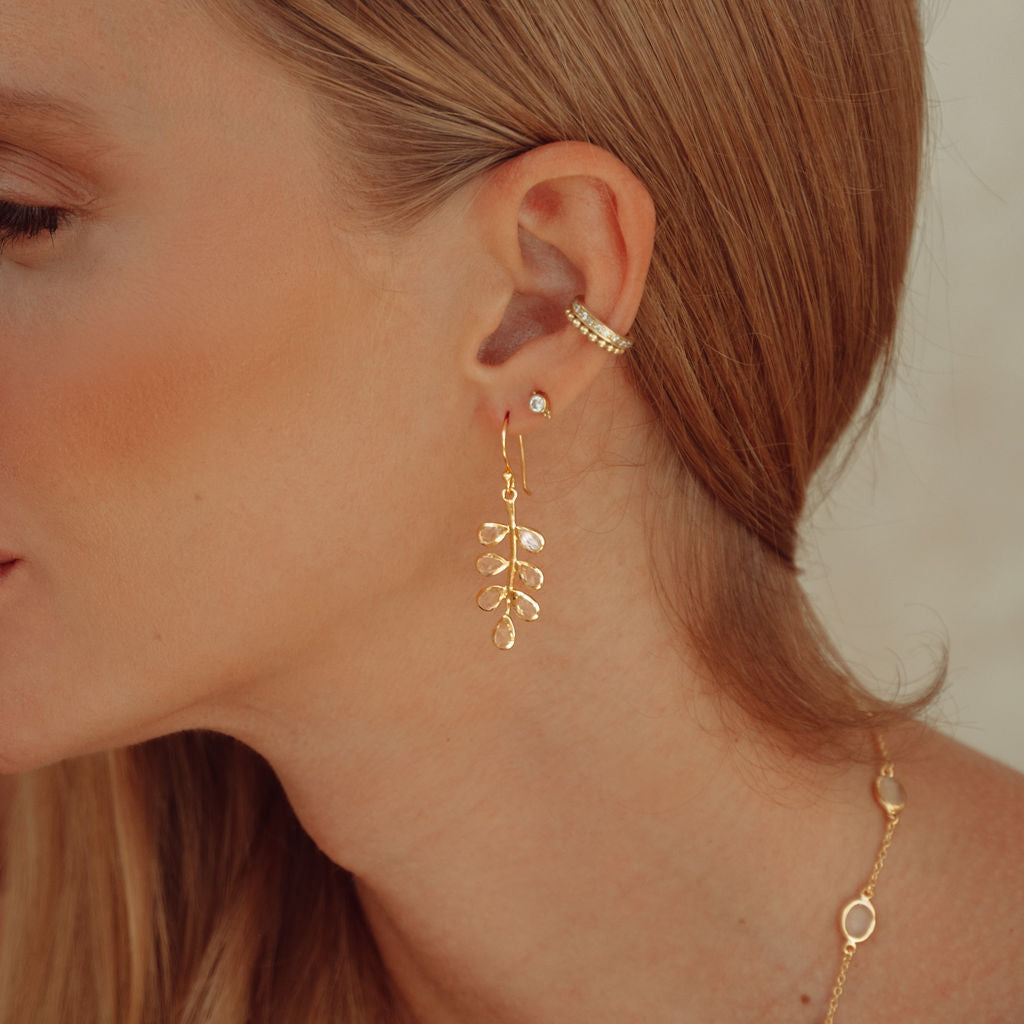 Fern Drop earrings in gold with Crystal
