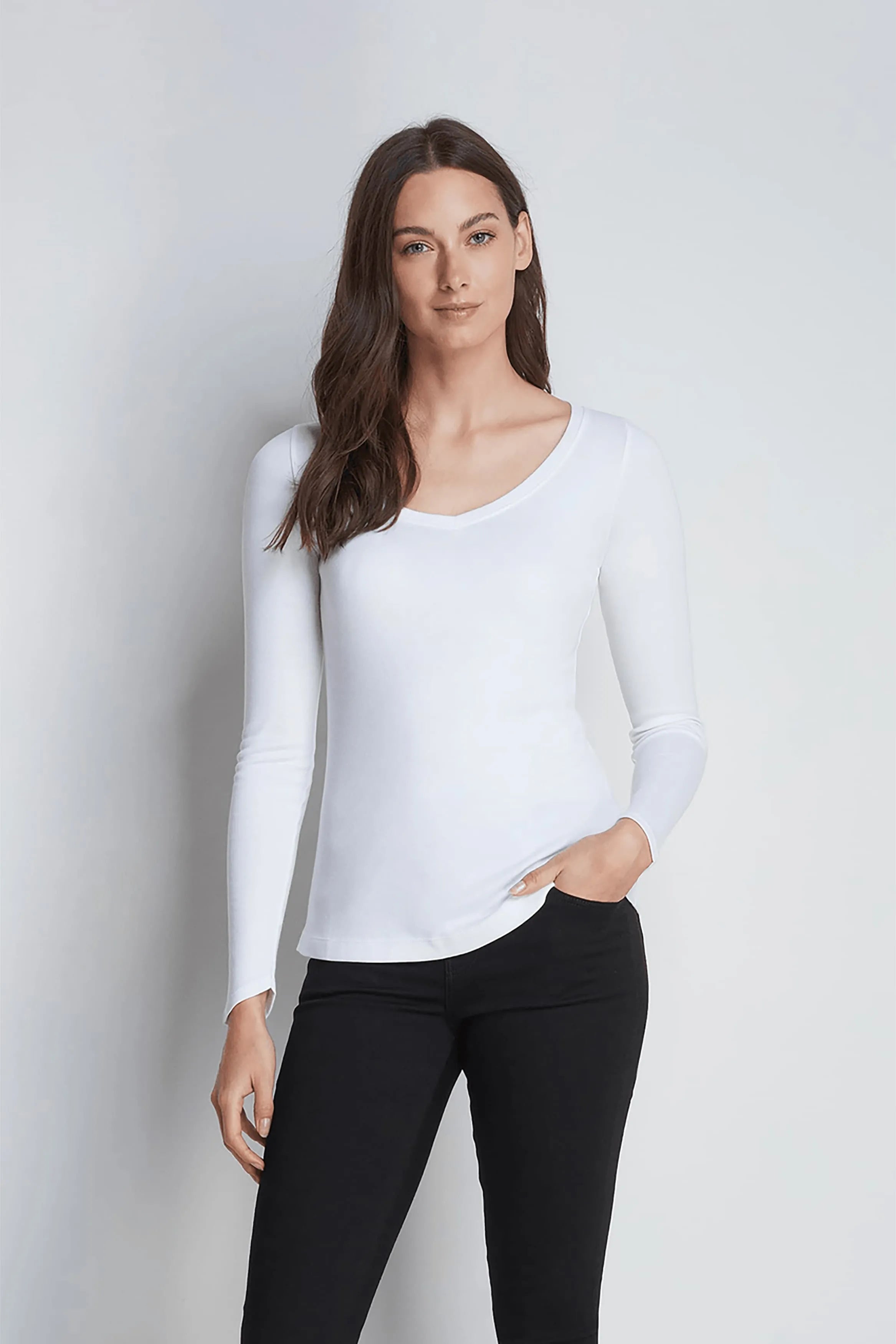 Long Sleeve v Neck Cotton Modal Blend T-Shirt