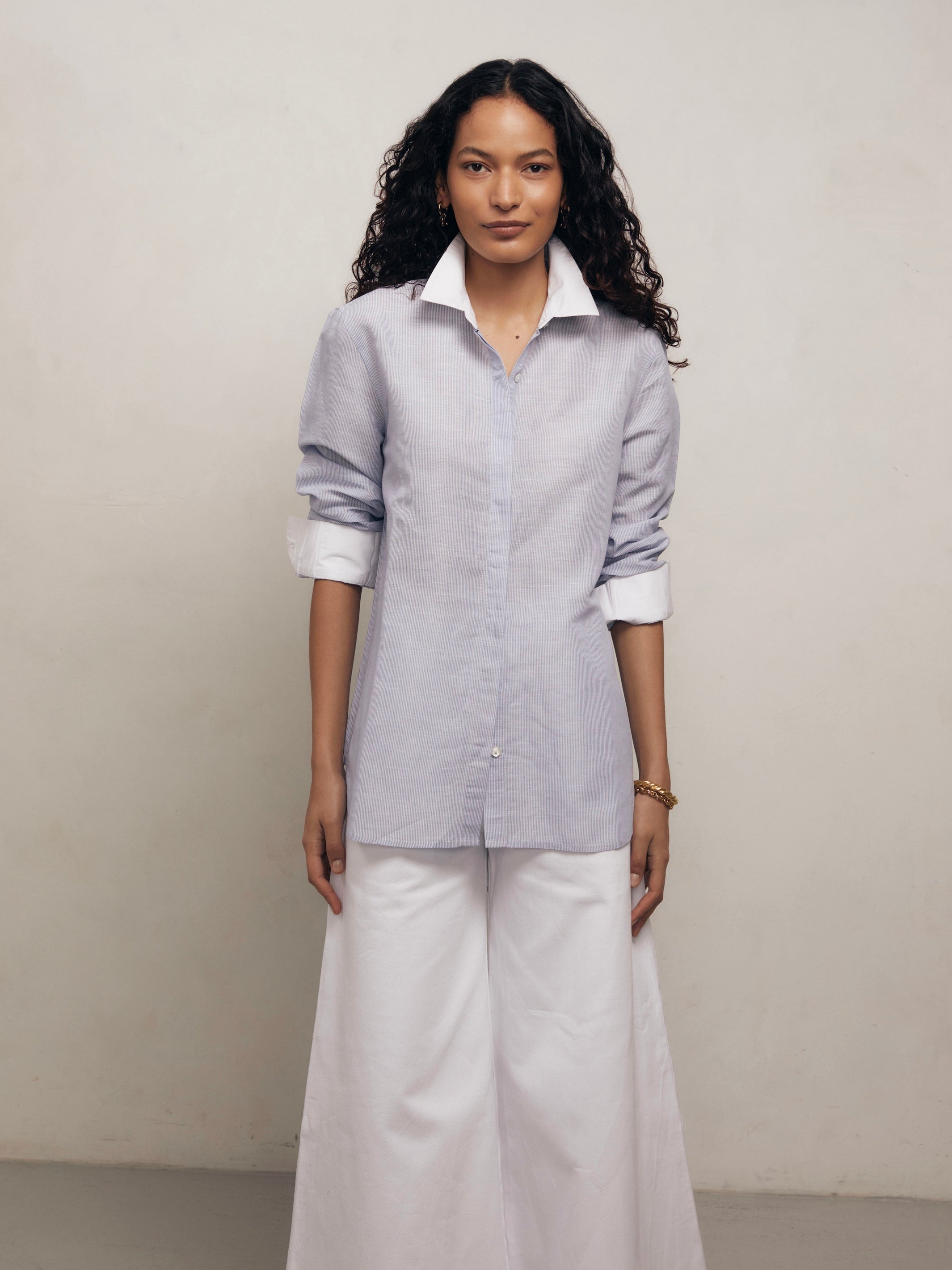 YVES - Blue and White Pinstripe Linen Weave Shirt