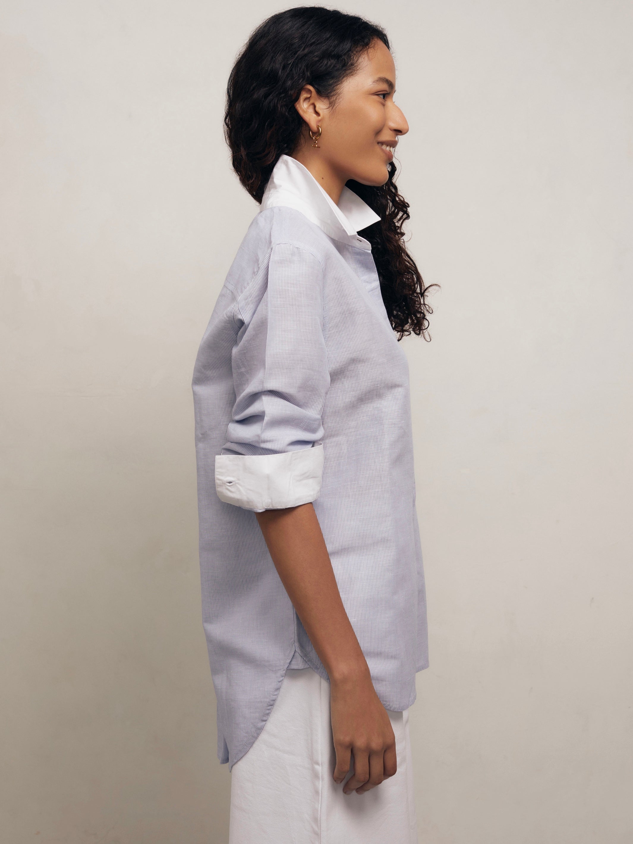 YVES - Blue and White Pinstripe Linen Weave Shirt