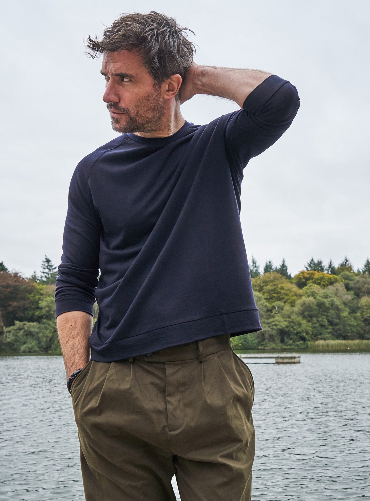 ZQ Merino Wool Jersey Long Sleeve Super 120s Navy Crew Neck