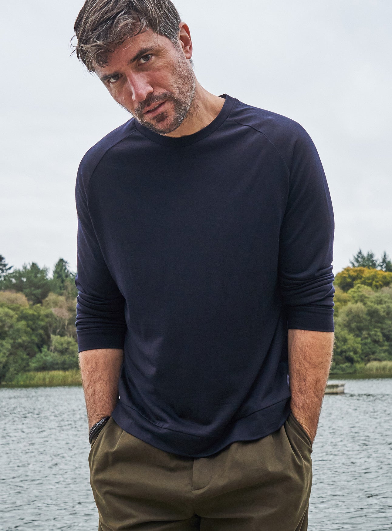 ZQ Merino Wool Jersey Long Sleeve Super 120s Navy Crew Neck