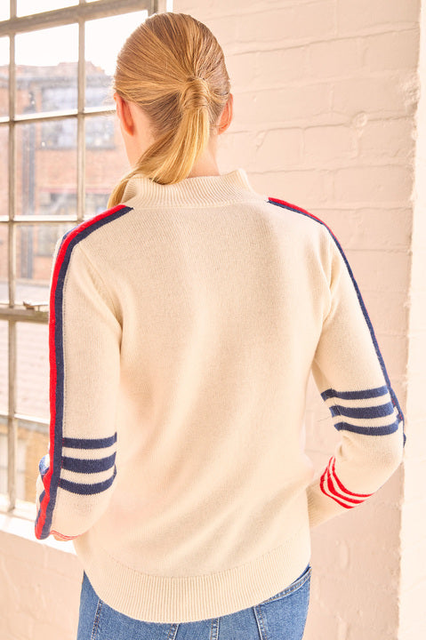 Merino Wool Stripe Hearts Quarter Zip | Cream/Red/Navy