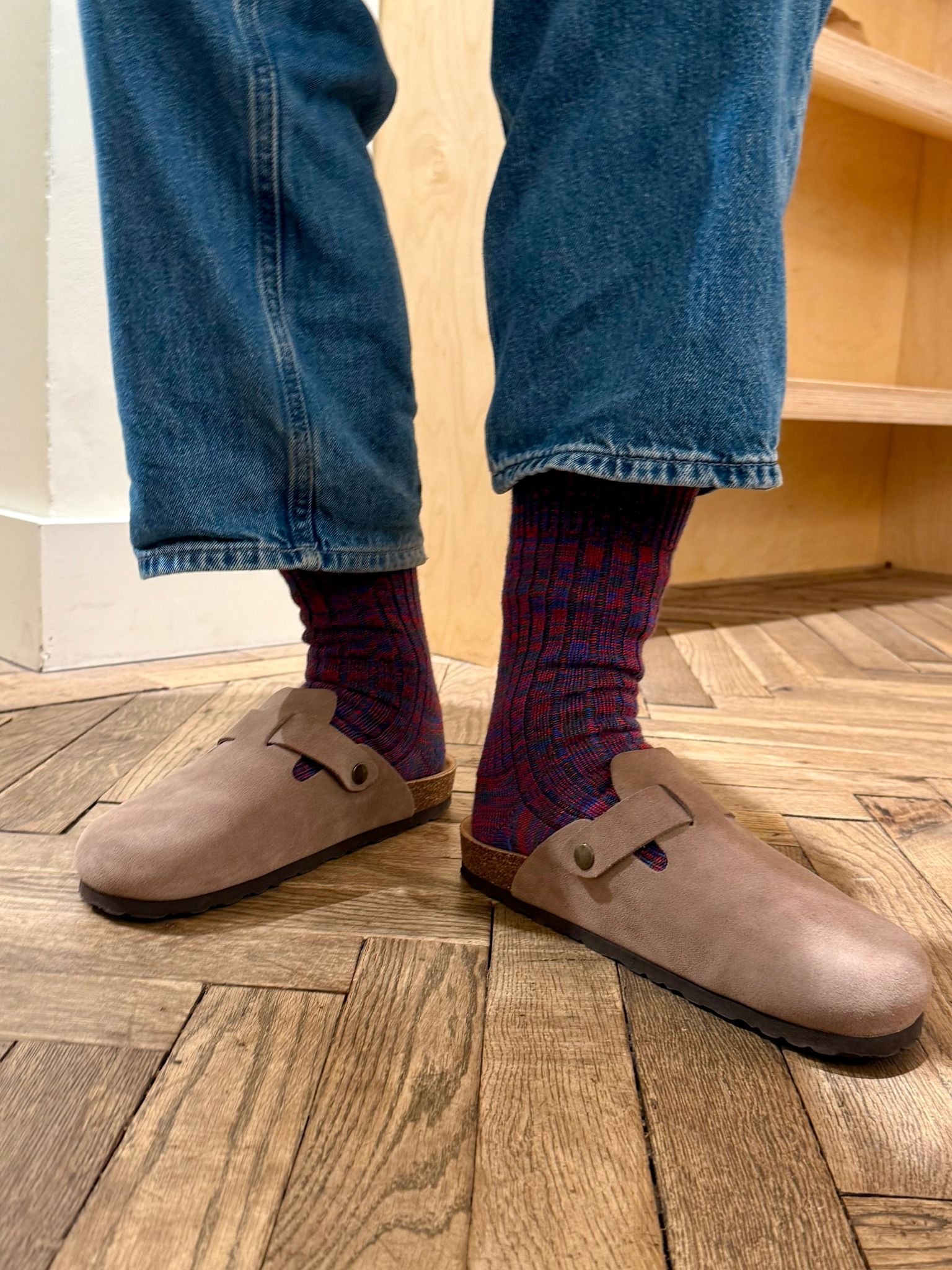 Clayton Made in England Wool Socks in Green/Red Mix