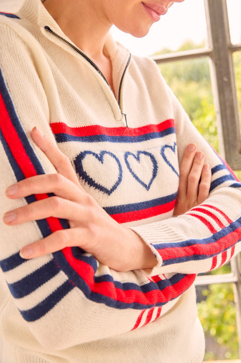Merino Wool Stripe Hearts Quarter Zip | Cream/Red/Navy