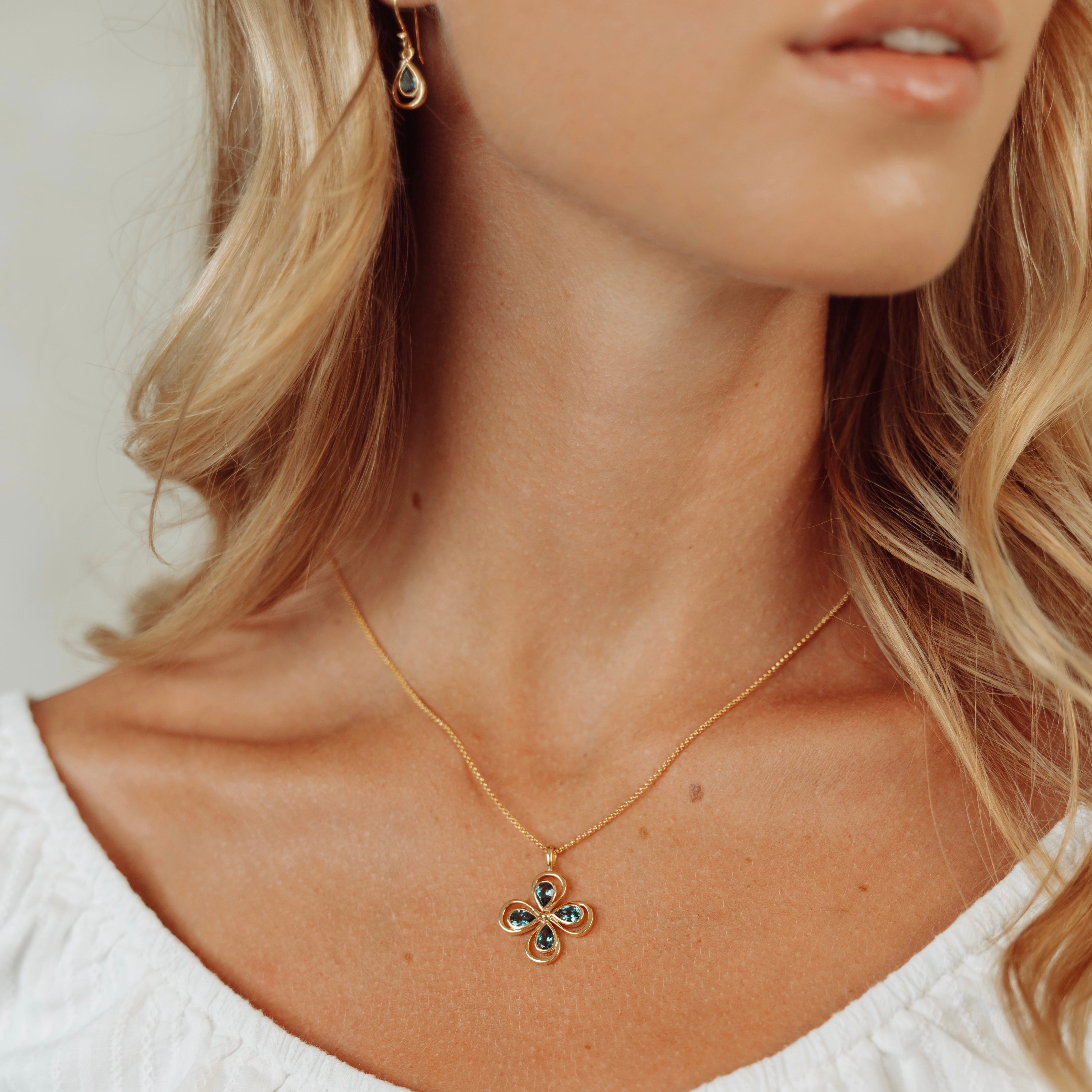 Lucky Clover Drop Earrings in Gold With London Blue Topaz