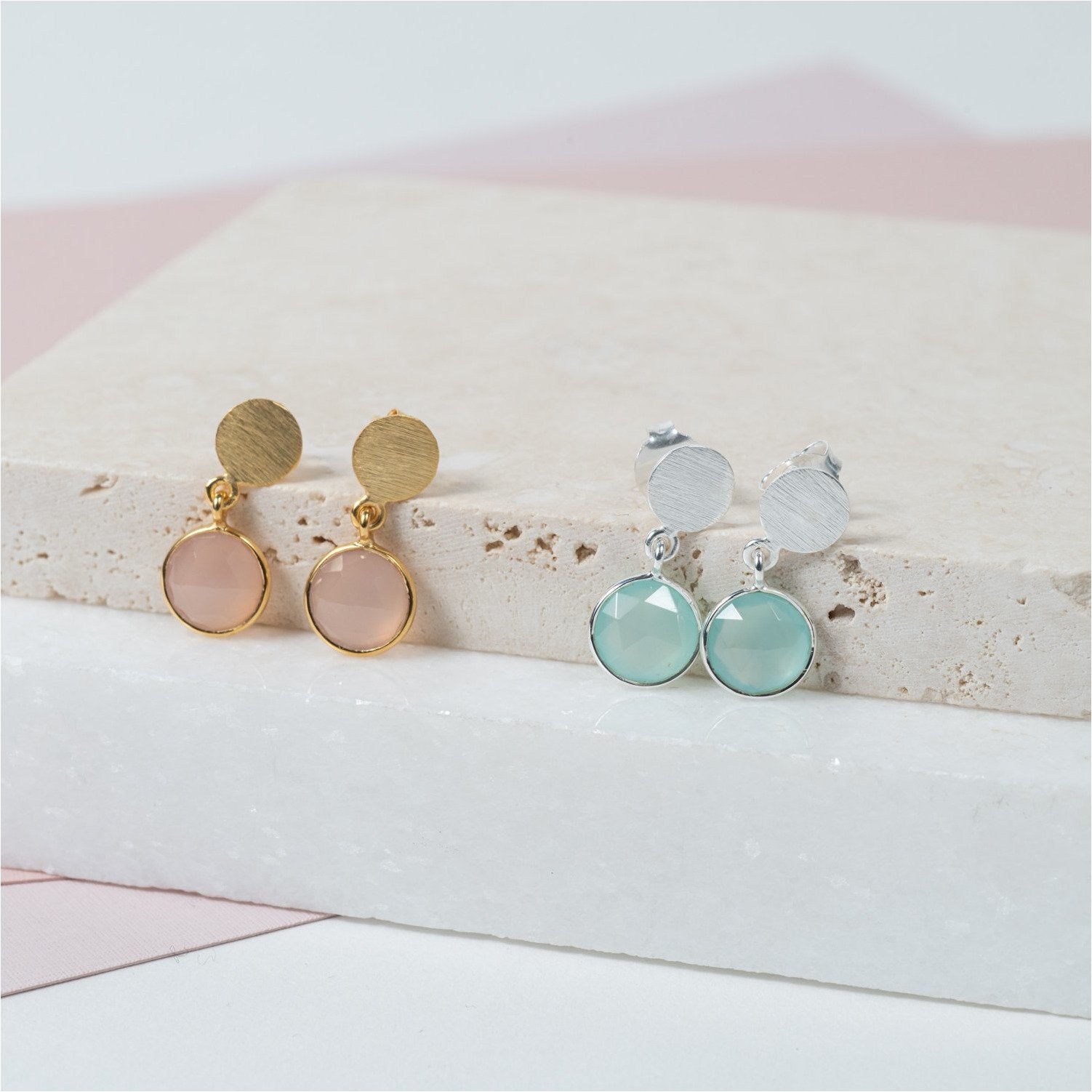Salina Aqua Chalcedony and Silver Disc Drop Earrings