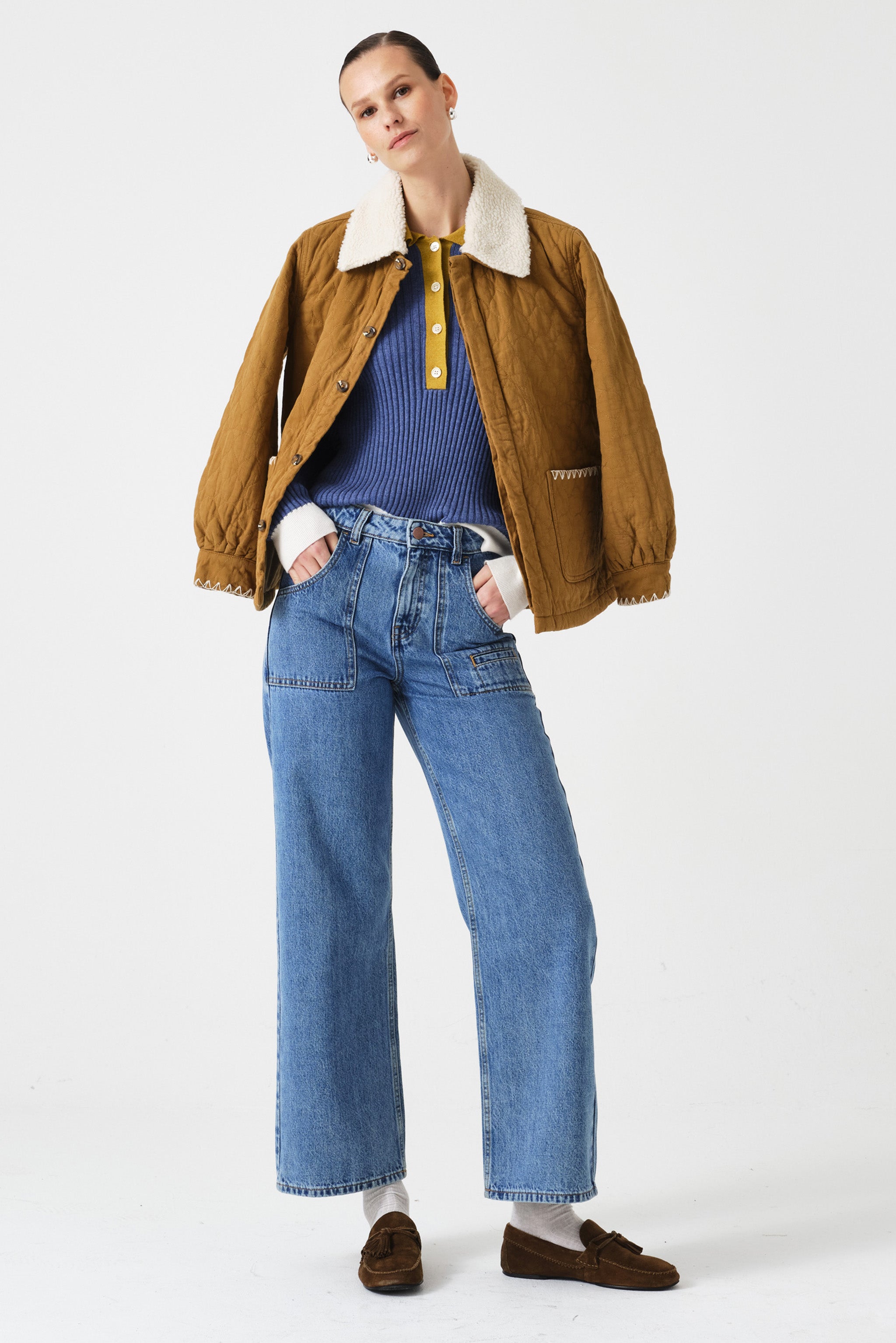 Frida Sherpa Collar Quilted Jacket in Olive