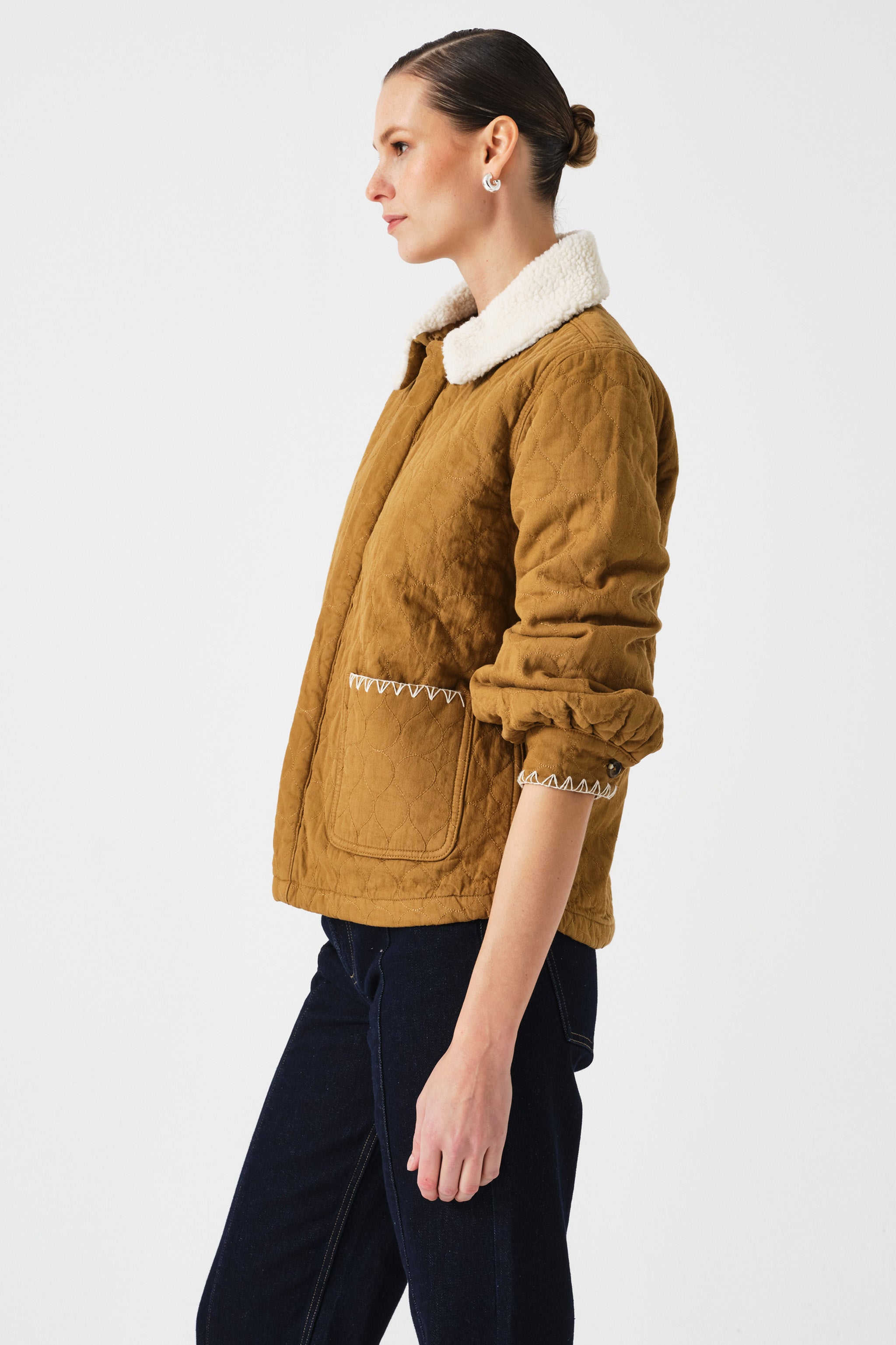 Frida Sherpa Collar Quilted Jacket in Olive
