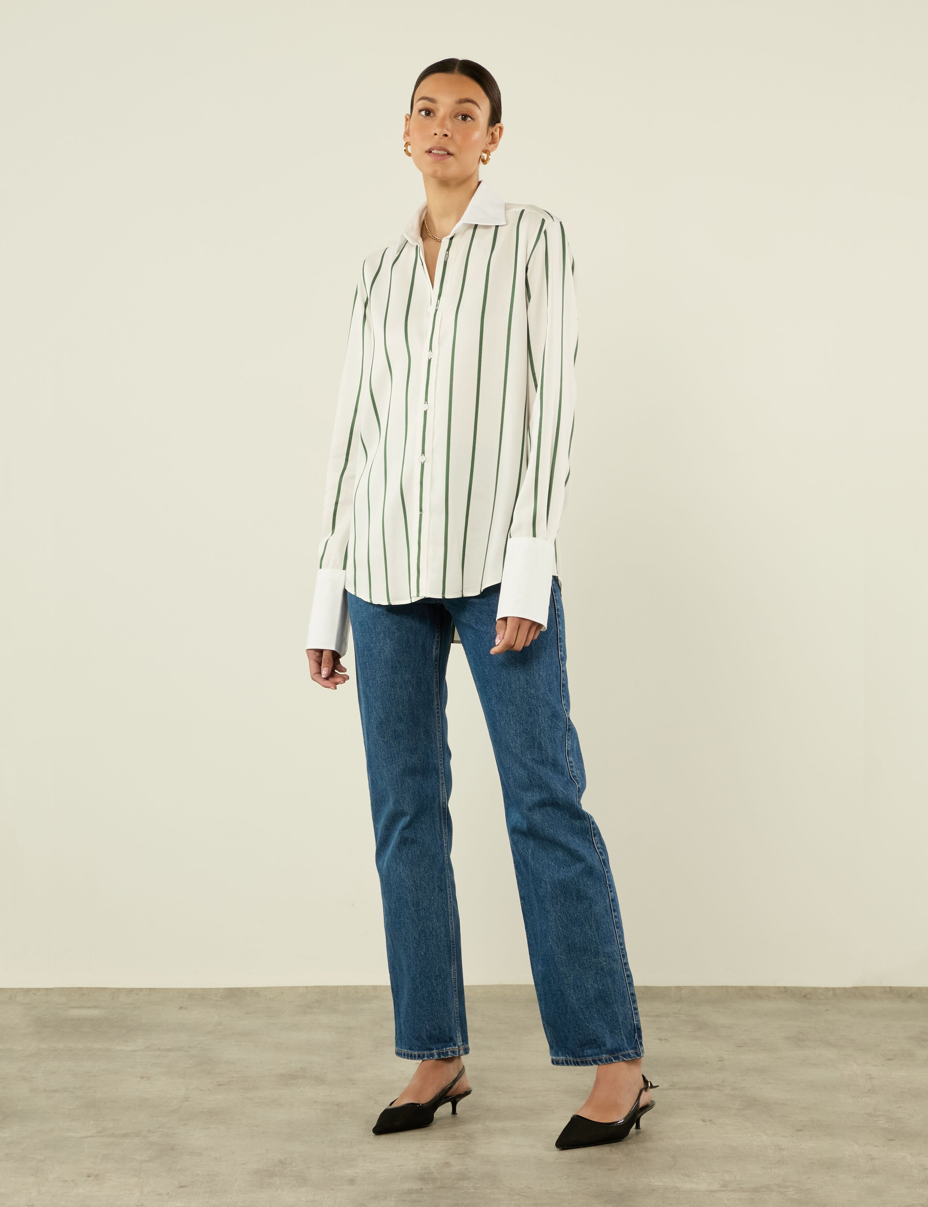 The Boyfriend Exaggerated Cuff: Tencel, Green Stripe