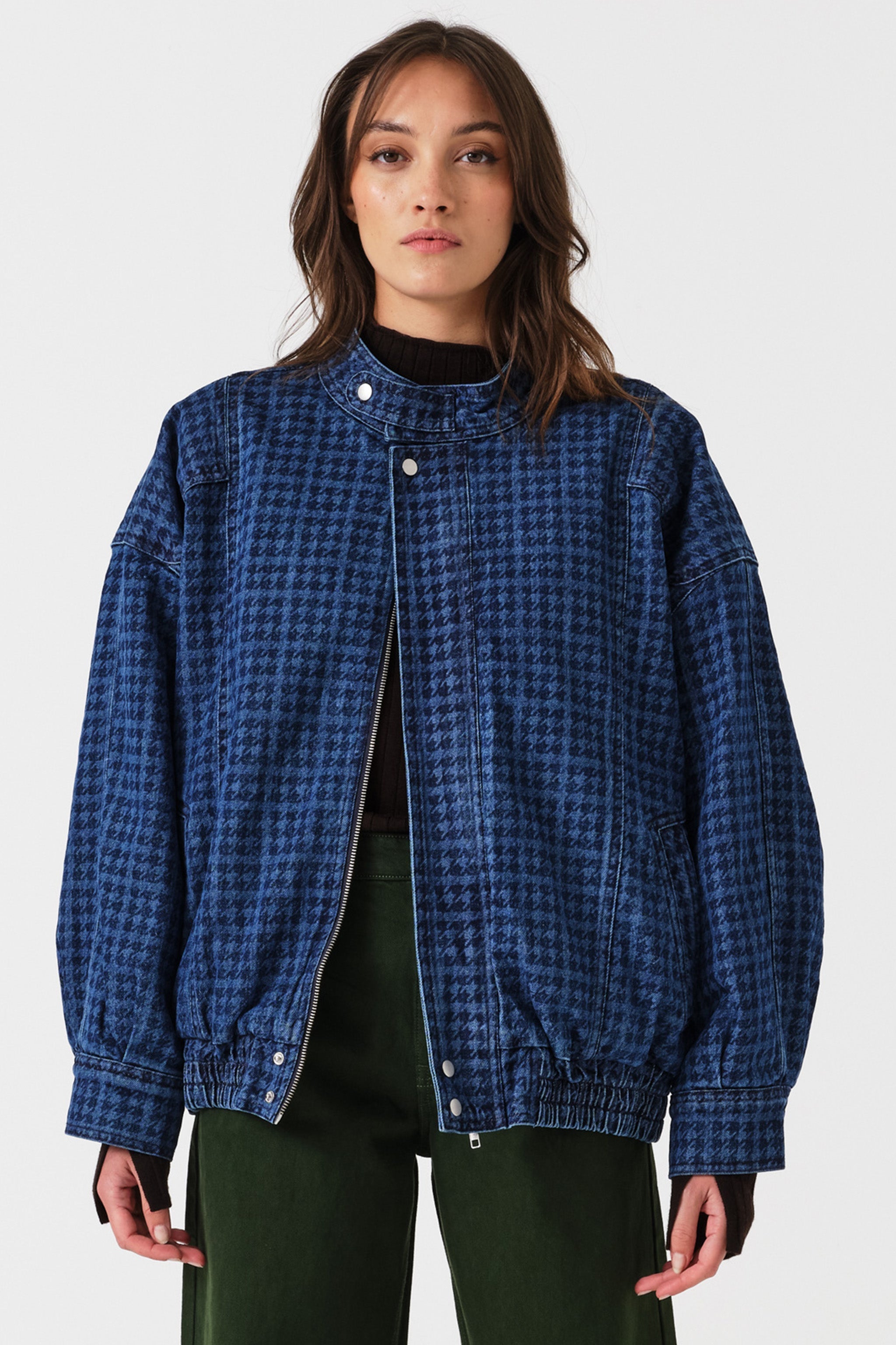 Juno Oversized Bomber Jacket in Houndstooth Americana