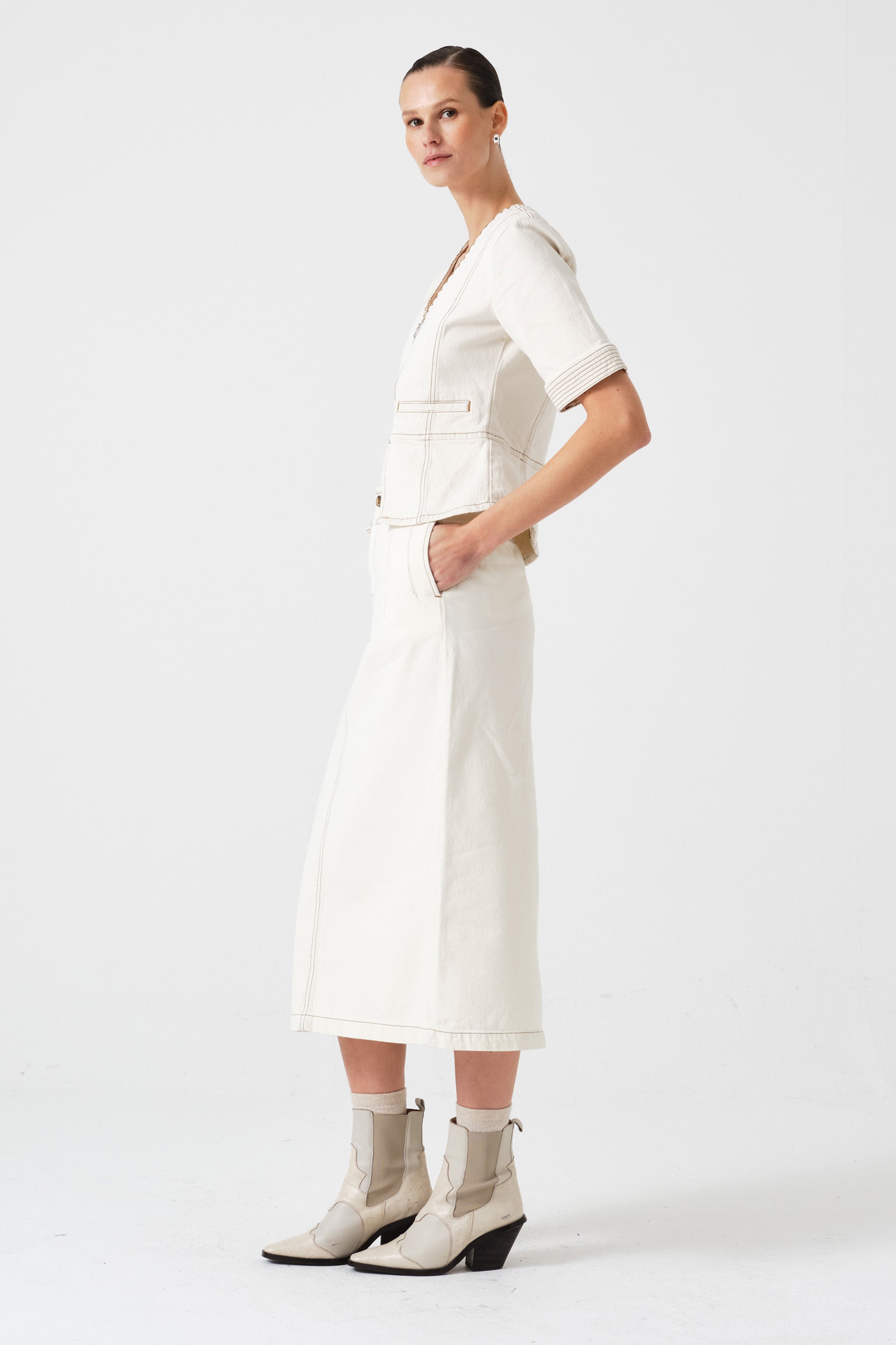 Noah Midi Denim Skirt in Ecru