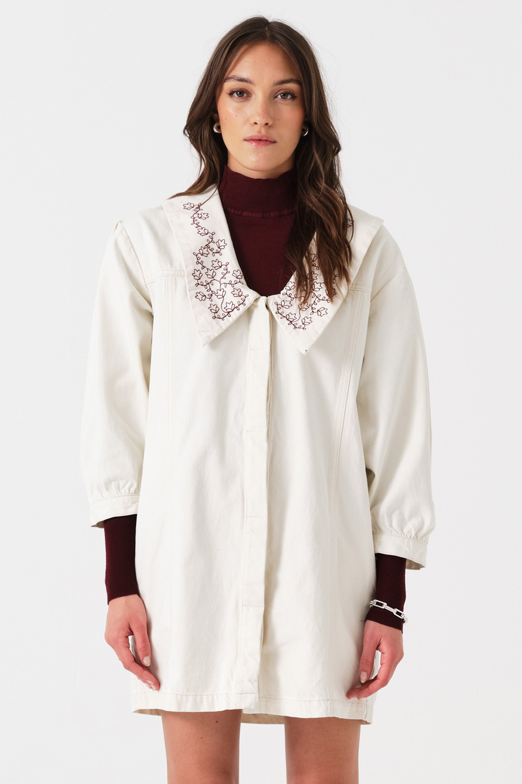 Neve Flower-Embroidered Denim Mini Dress in Ecru