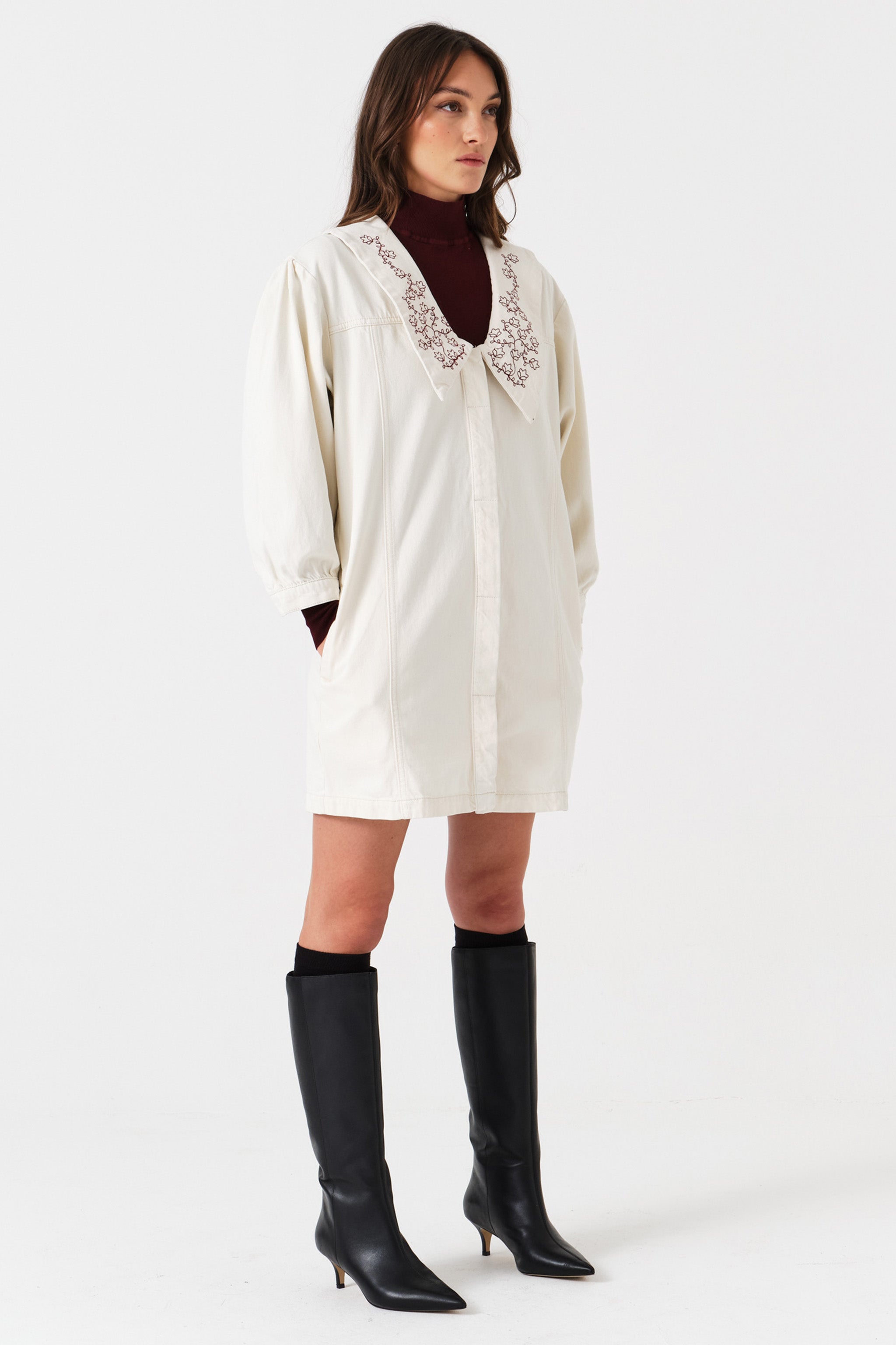 Neve Flower-Embroidered Denim Mini Dress in Ecru