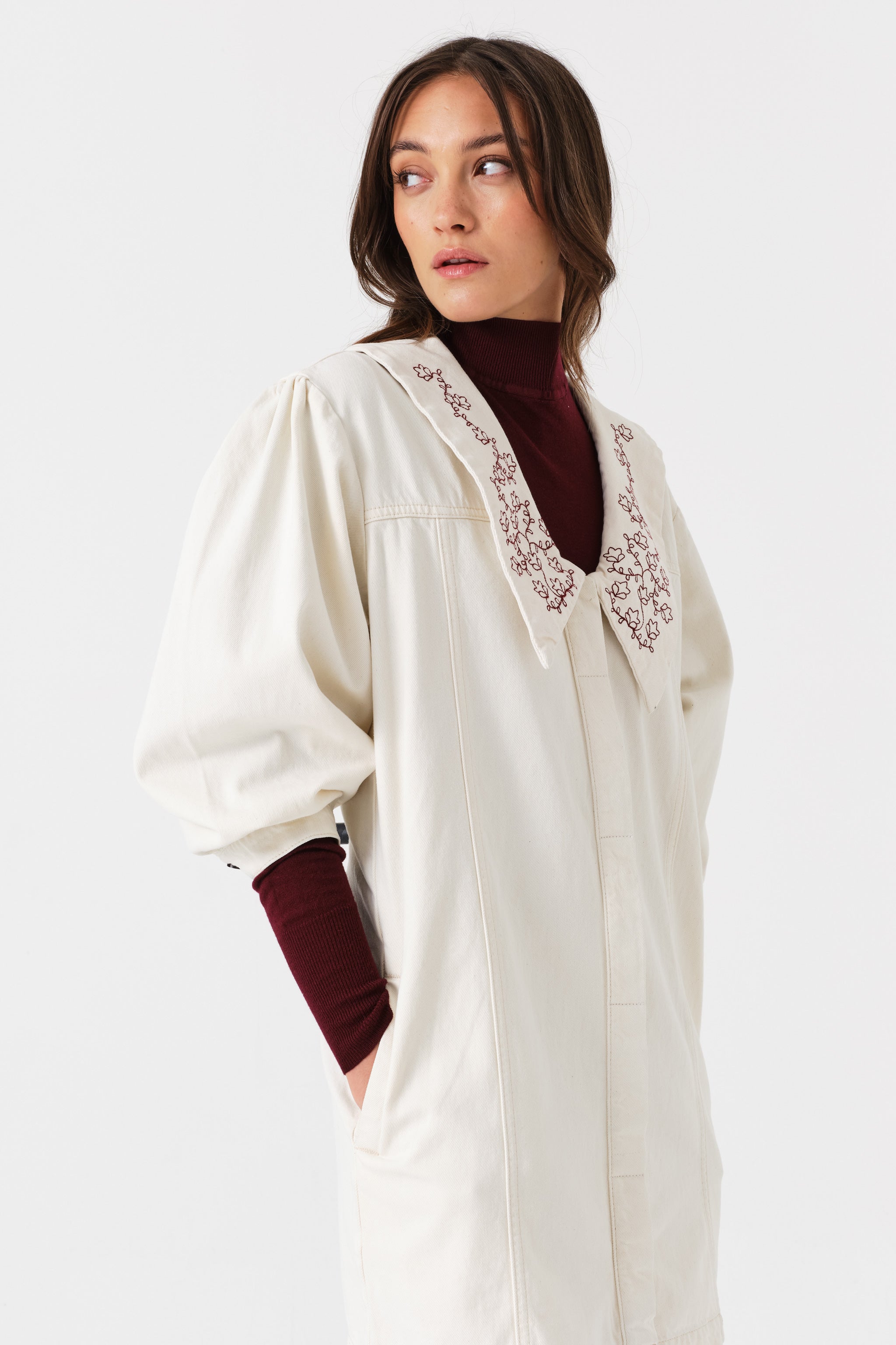 Neve Flower-Embroidered Denim Mini Dress in Ecru