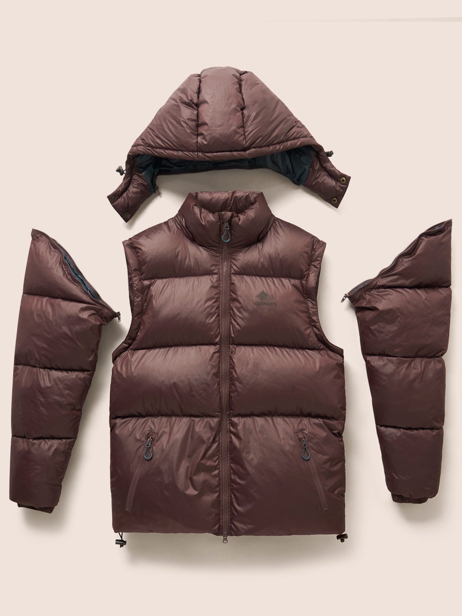 Orkney Multiway Detachable Sleeves Puffer Coat in Burgundy