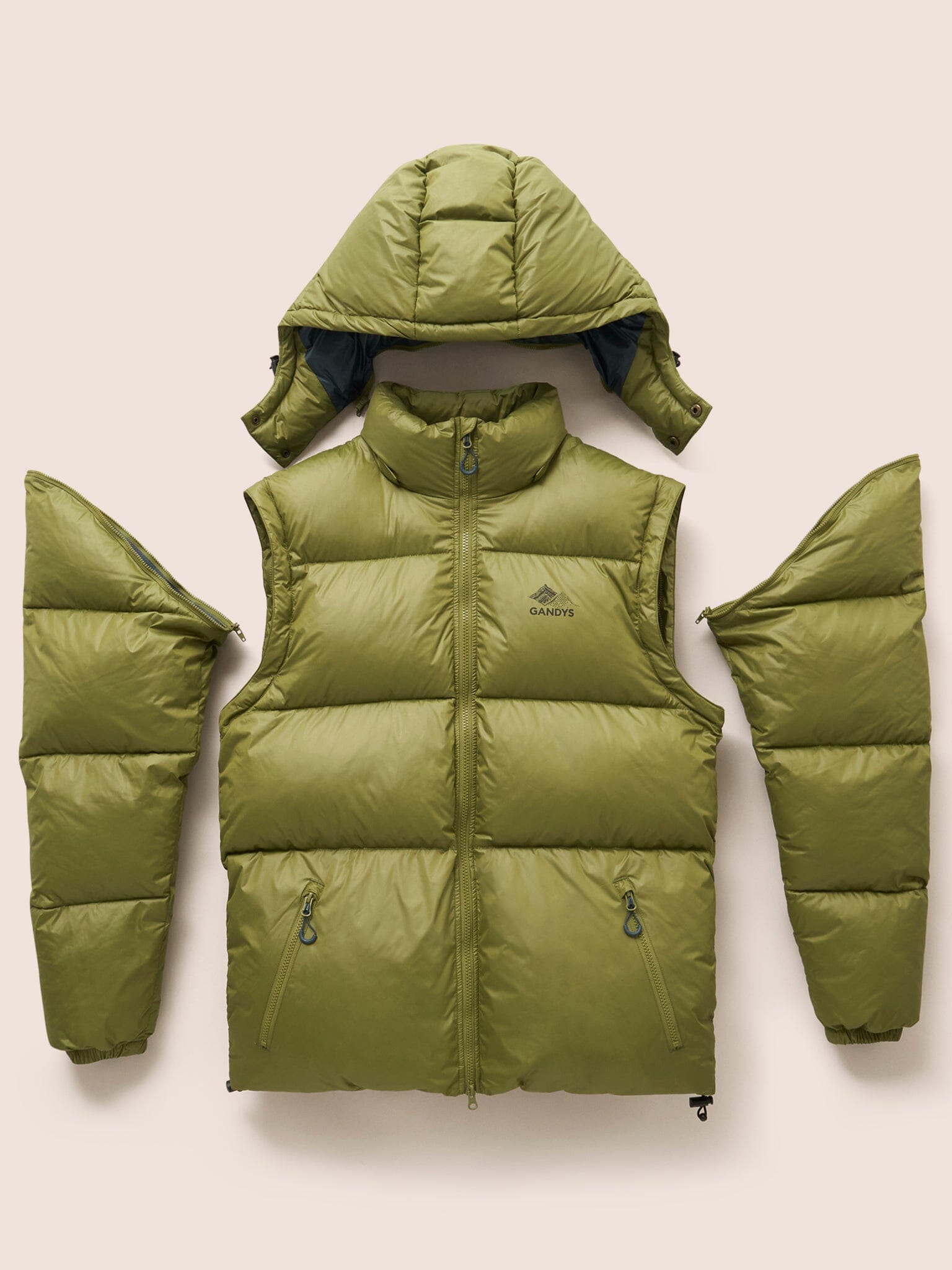 Orkney Multiway Detachable Sleeves Puffer Coat in Green