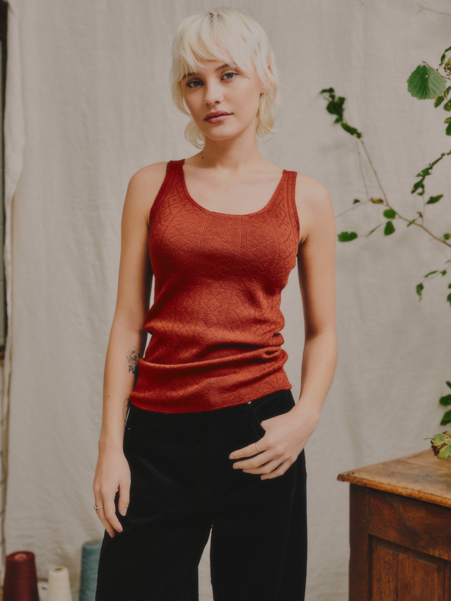 'Tricot De Peau' Fine Merino Camisole Top in Henna