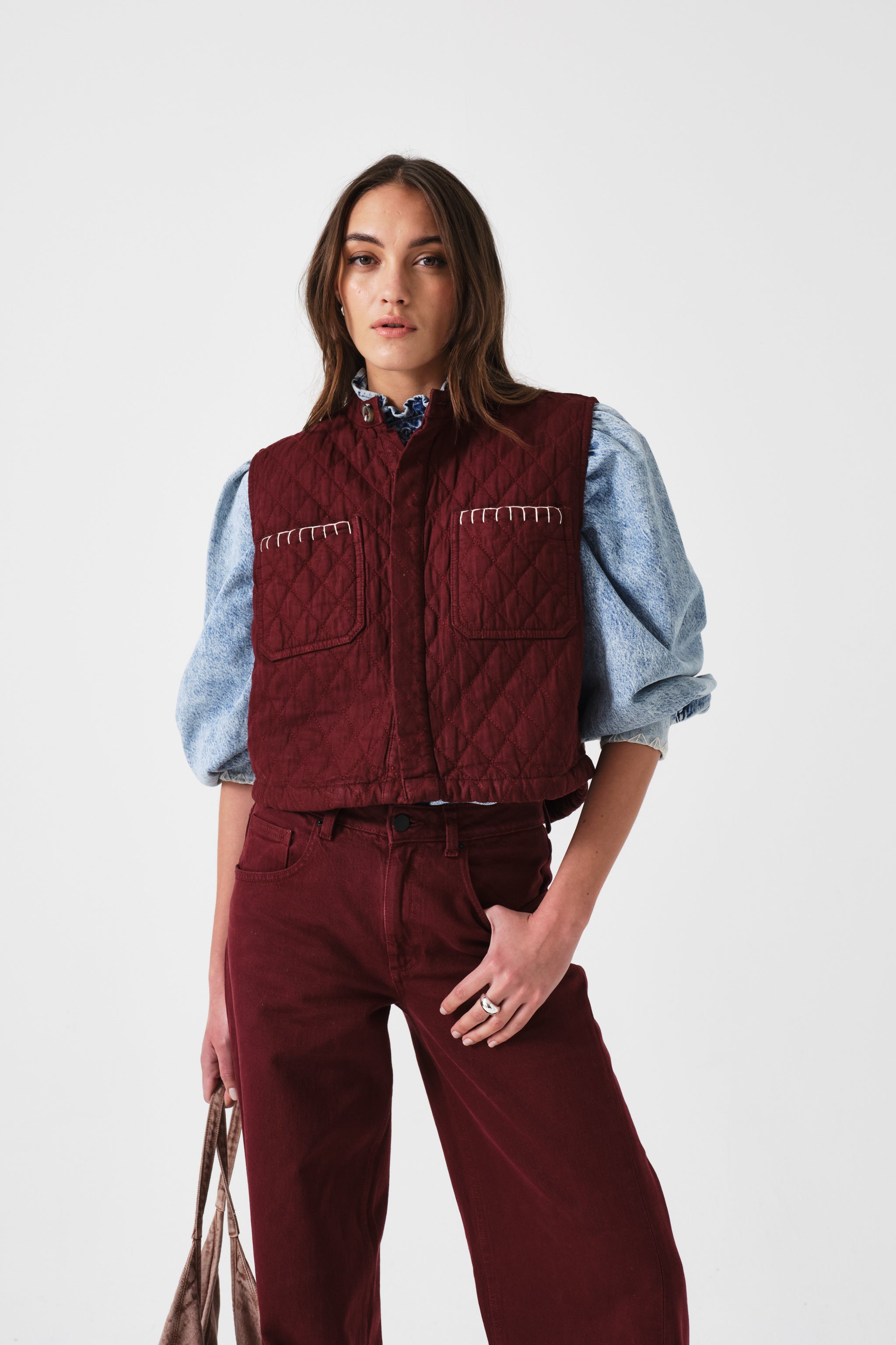 Pablo Quilted Denim Vest in Mulberry