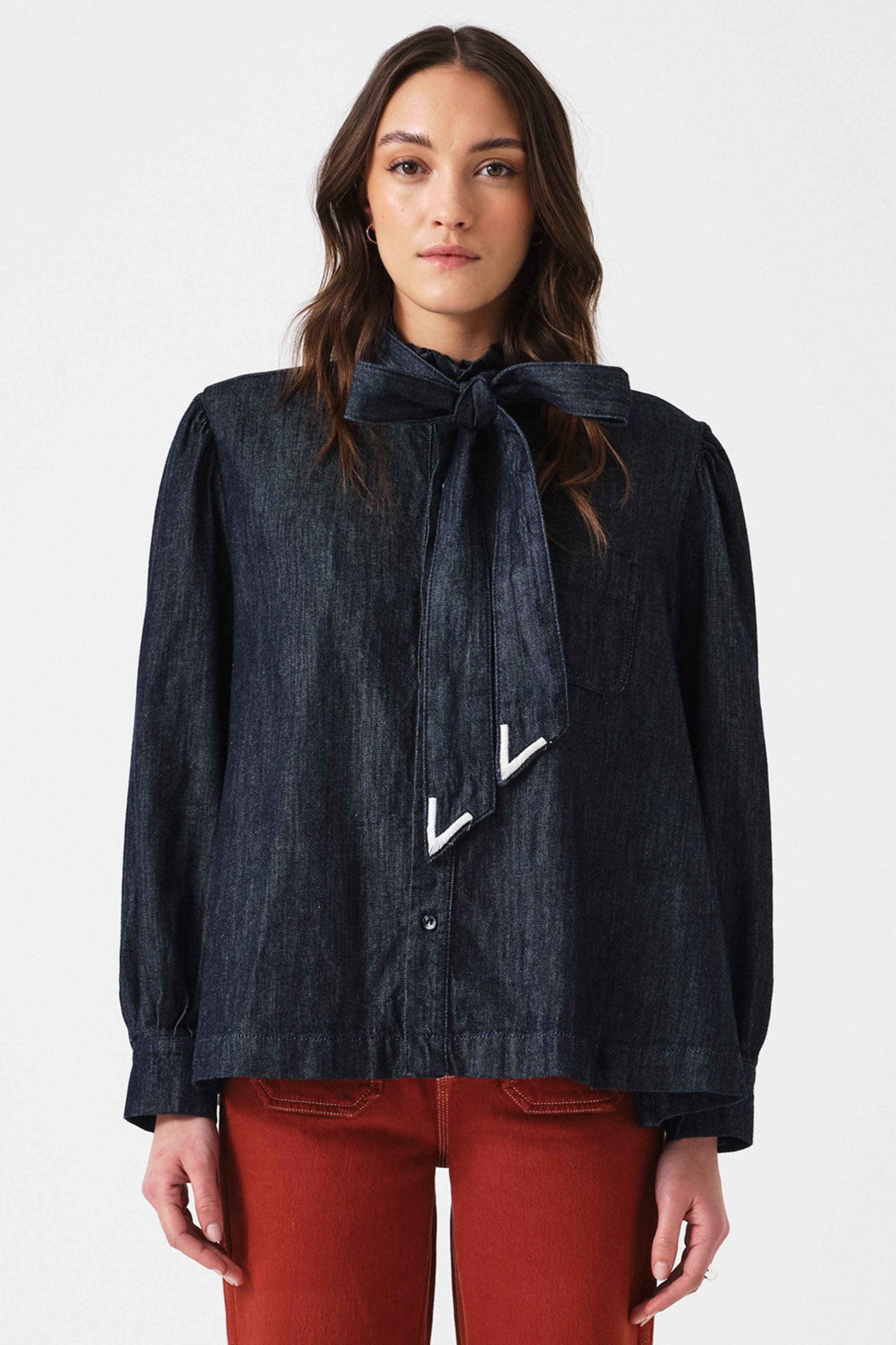 Poet Pussybow Denim Blouse in Pacific Blue