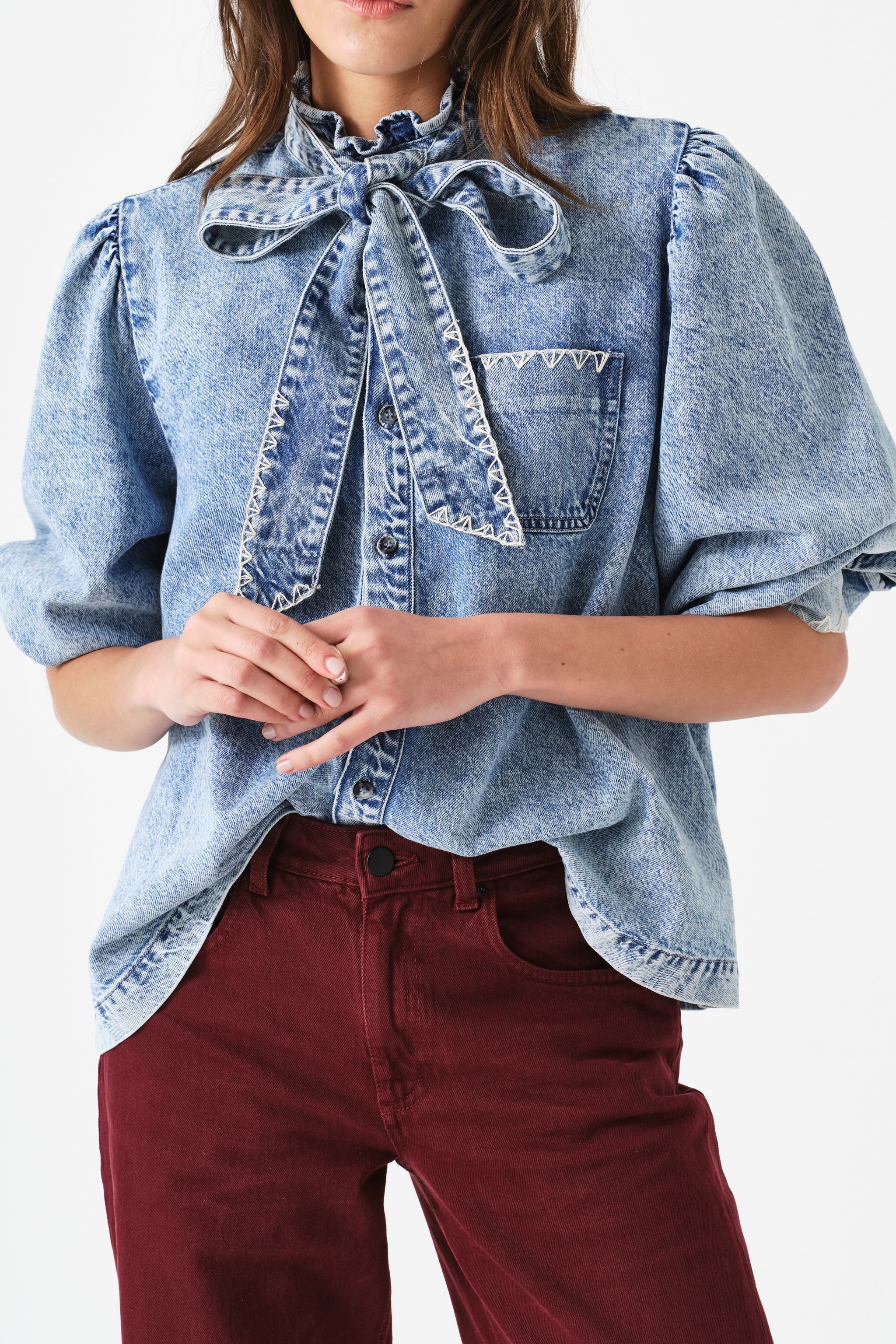 Poet Pussybow Denim Blouse in Newport