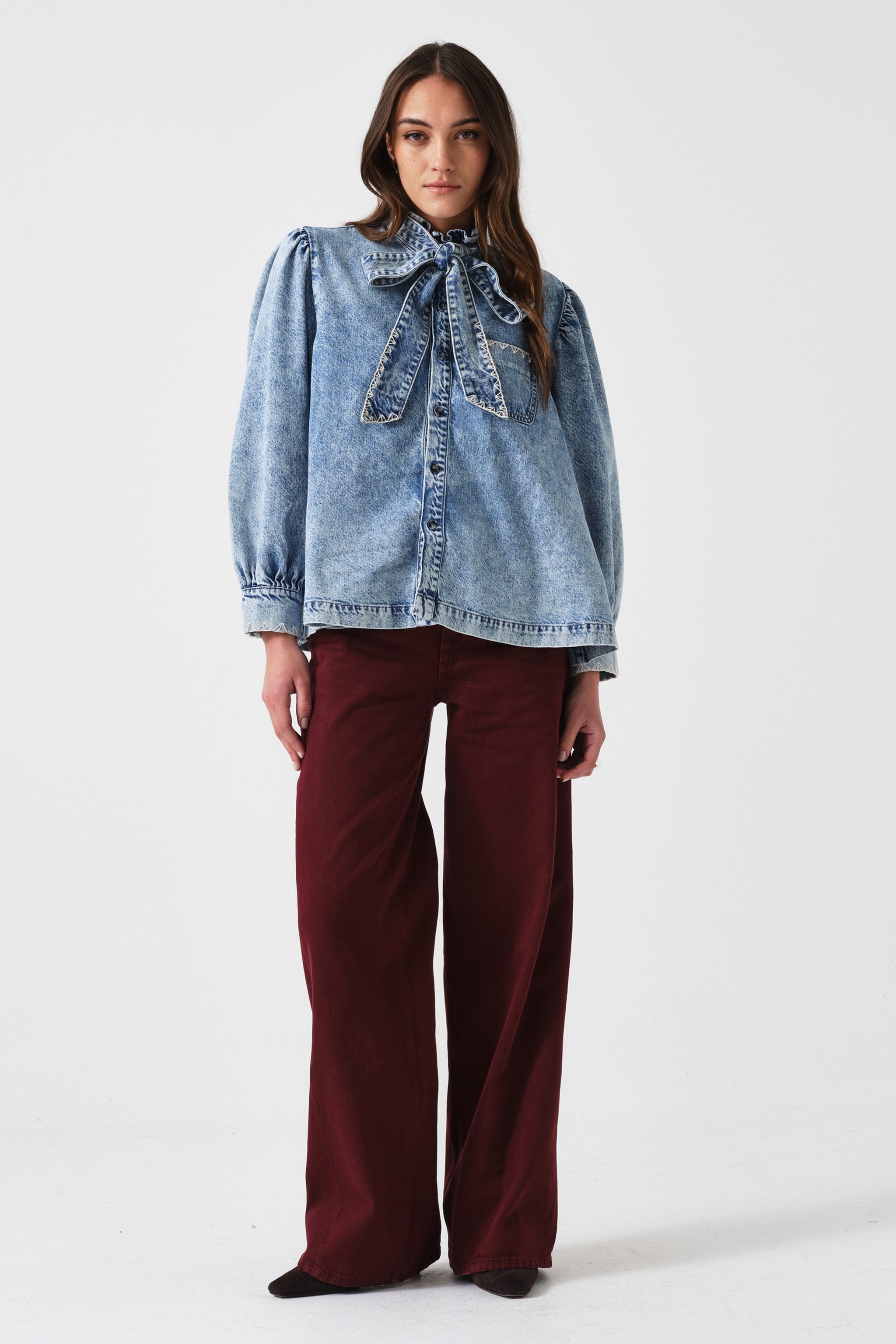 Poet Pussybow Denim Blouse in Newport