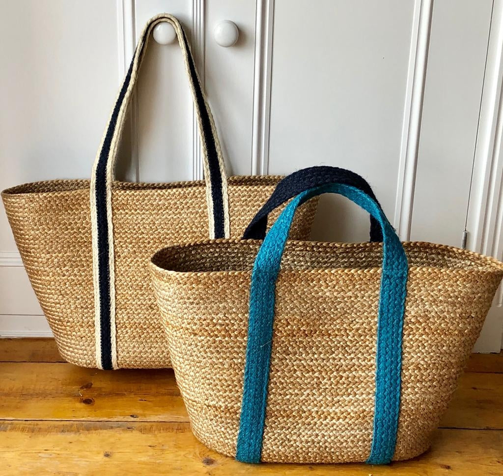 Navy Stripe Long Handle Raw Jute Tote Bag