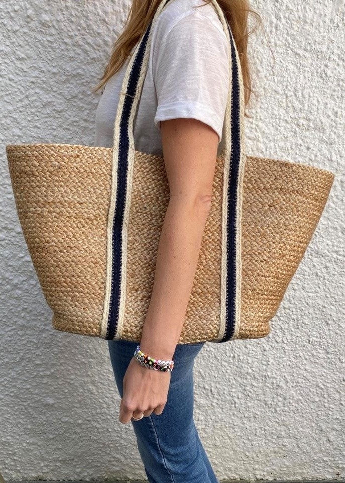 Navy Stripe Long Handle Raw Jute Tote Bag
