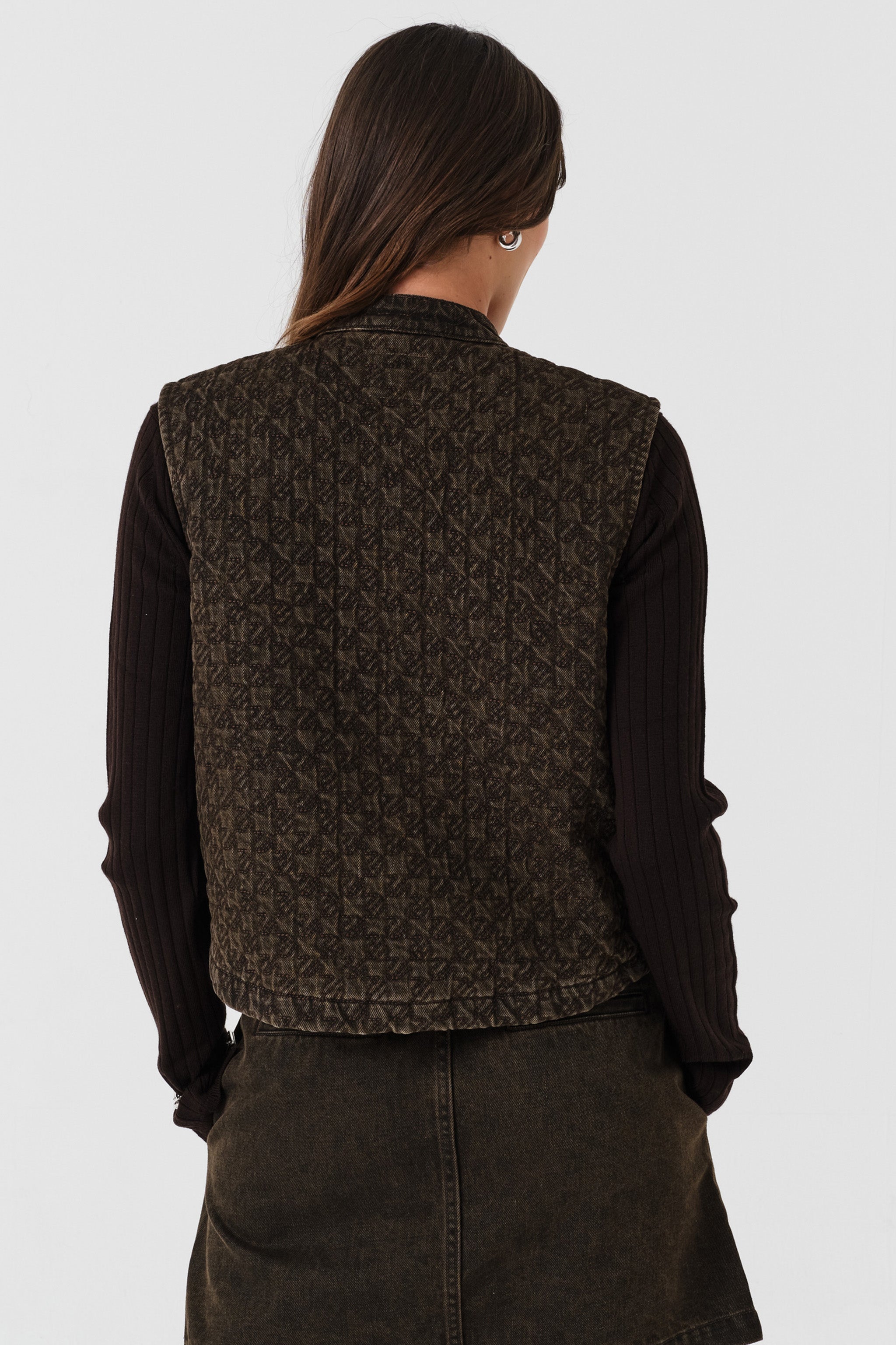 Pablo Quilted Denim Vest in Houndstooth Cacao