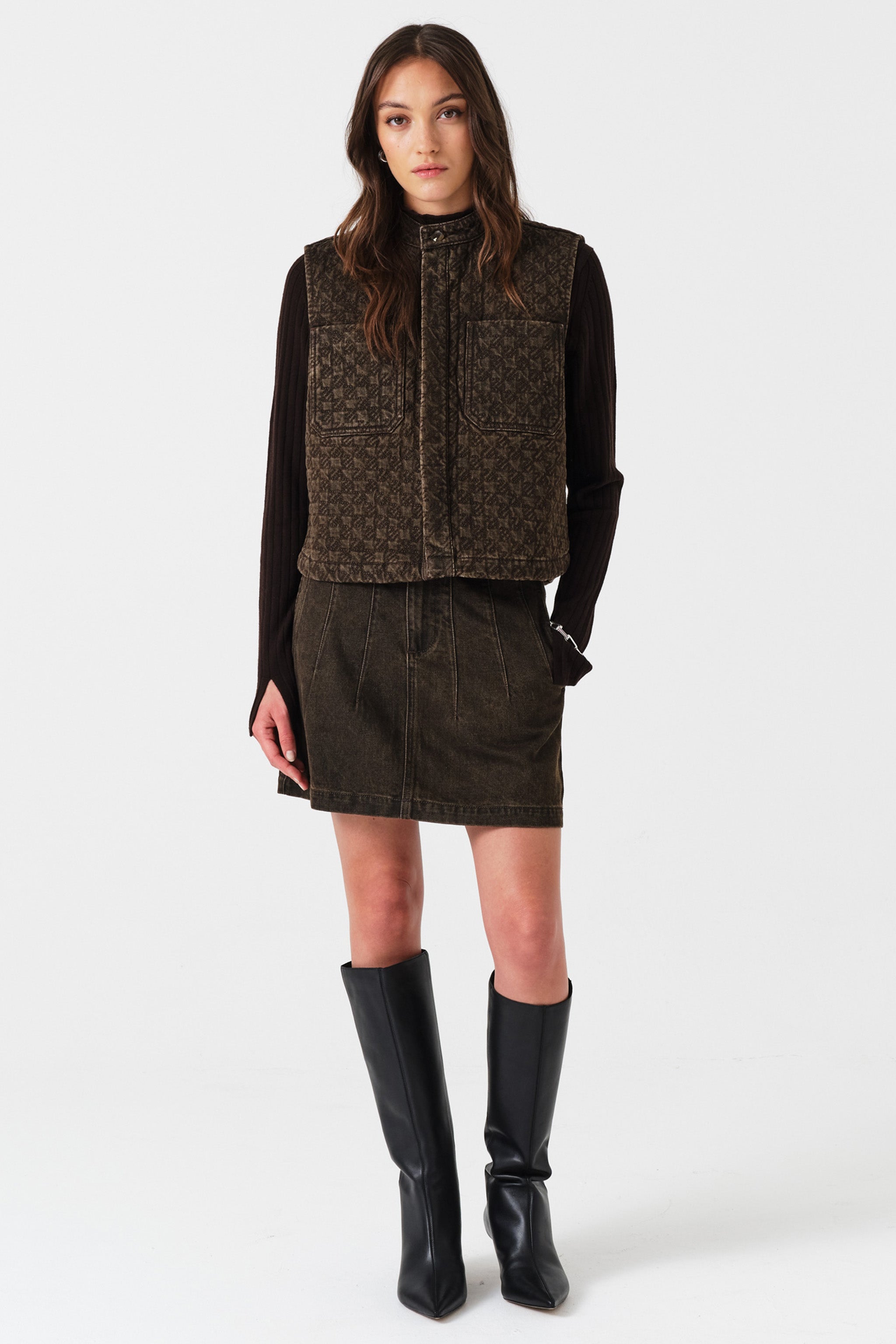 Pablo Quilted Denim Vest in Houndstooth Cacao