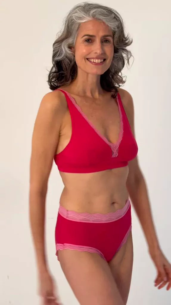 Lace Plunge Bra - Lipstick Red & Pink Cosmos