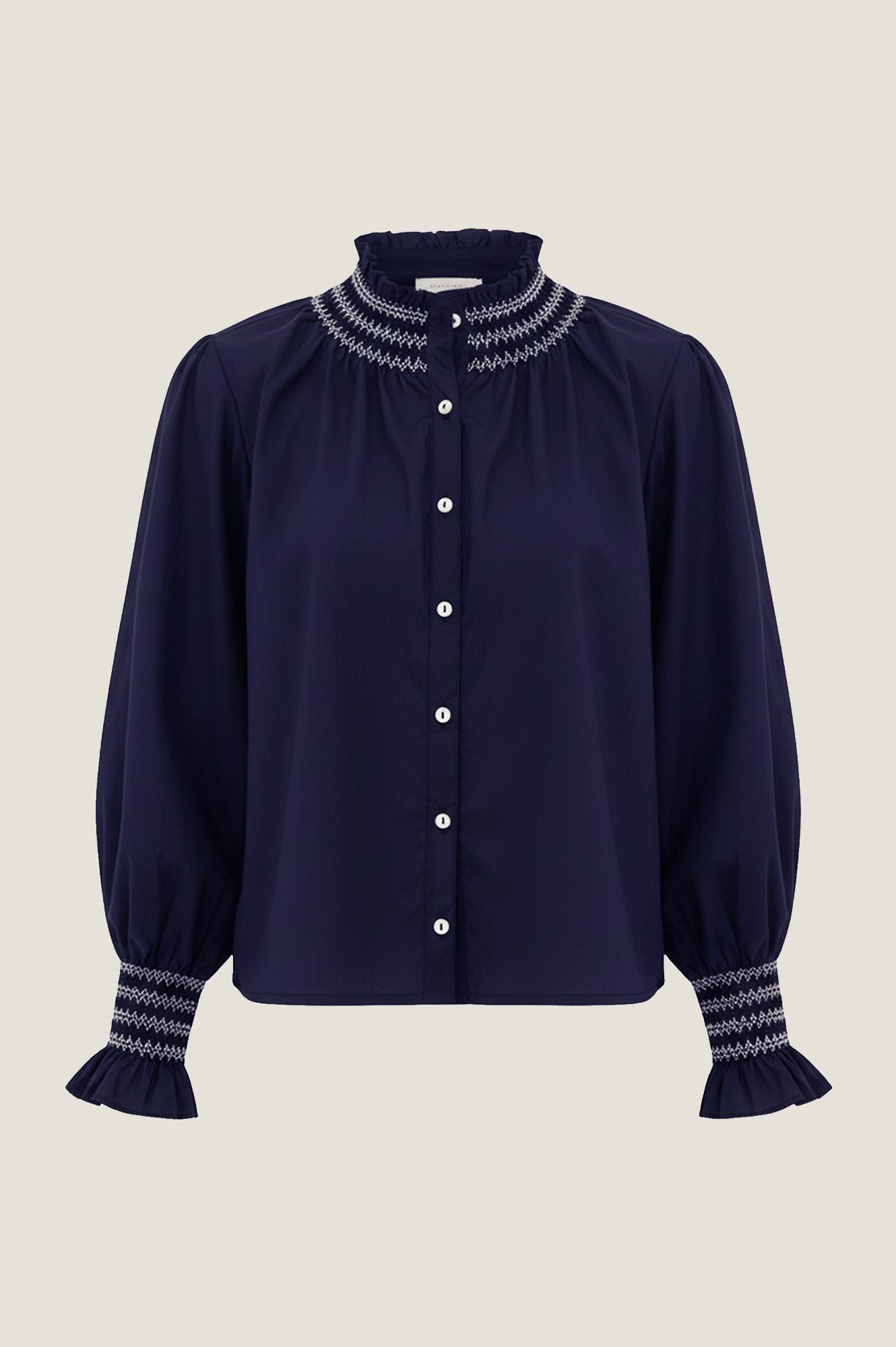 Embroidered Smocked Blouse | Navy/White