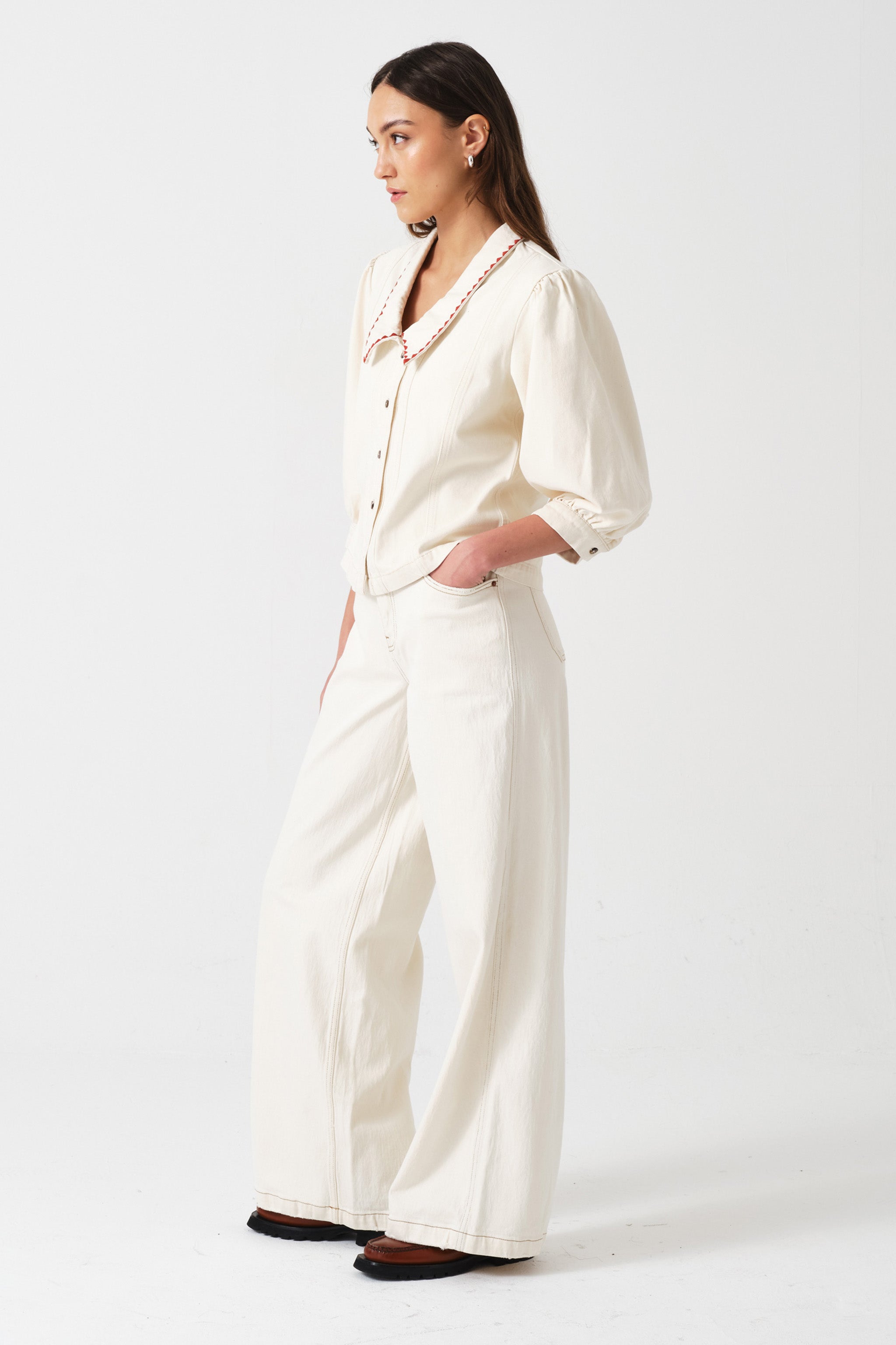 Talia Collared Denim Top in Ecru