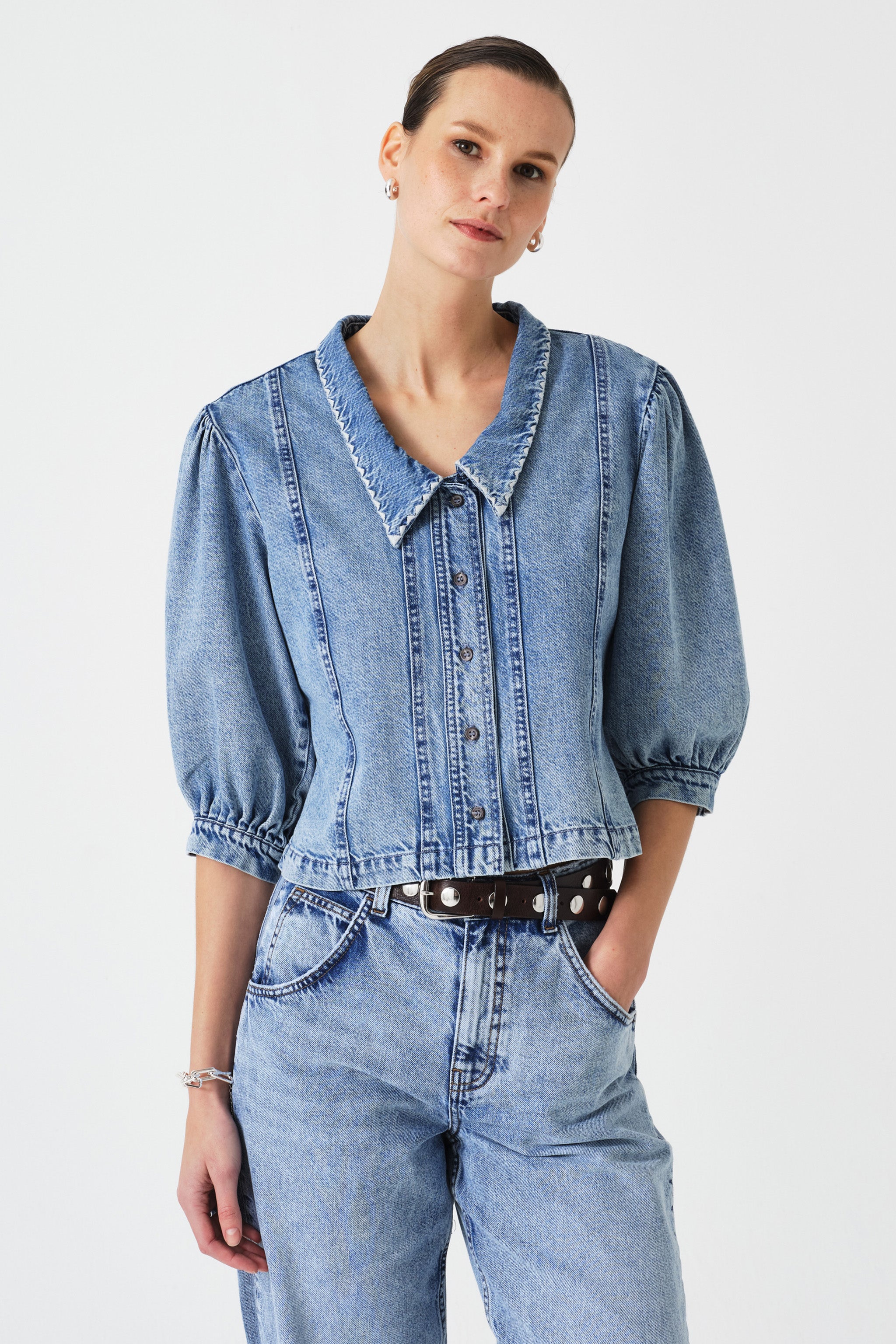 Talia Collared Denim Top in Newport