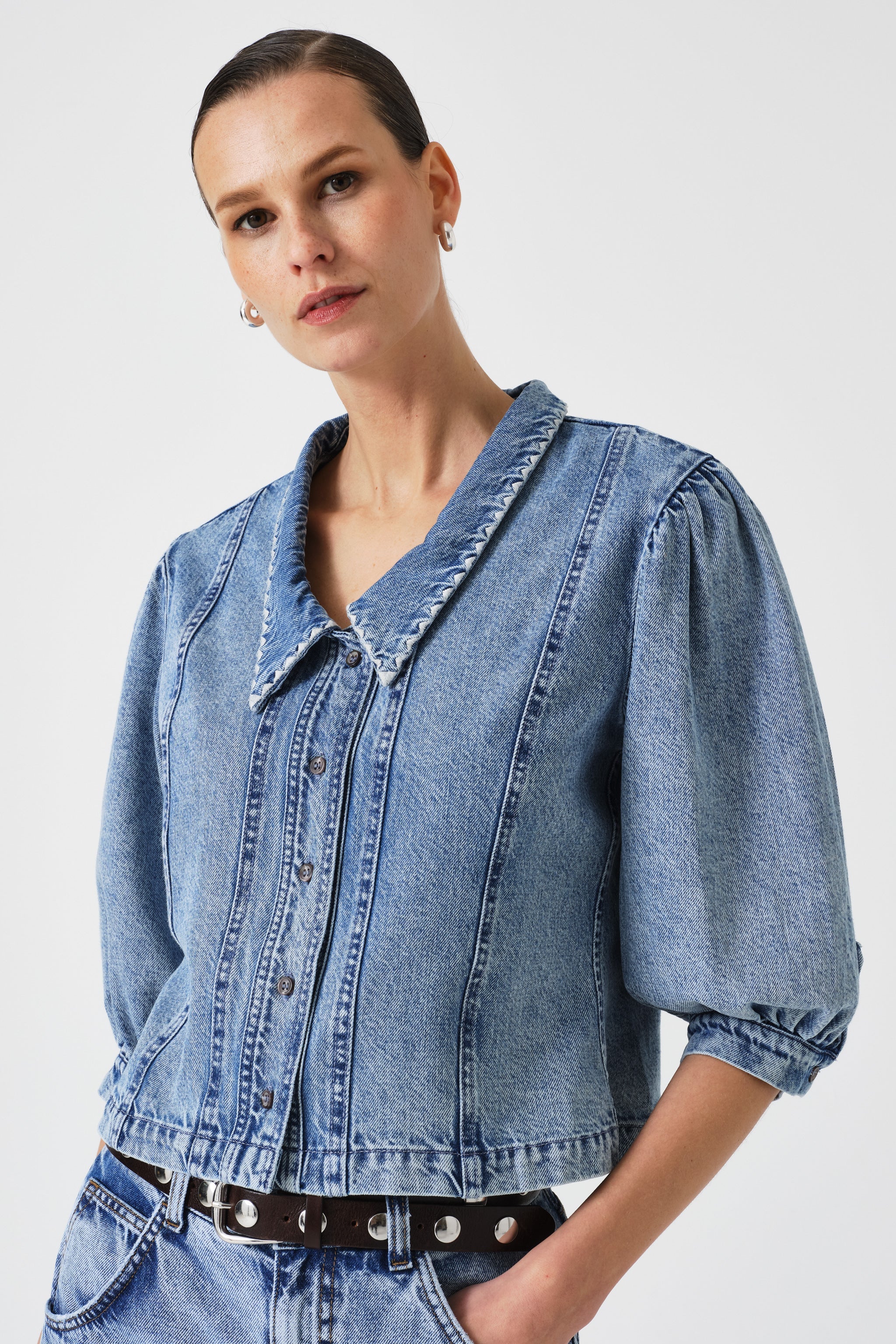 Talia Collared Denim Top in Newport