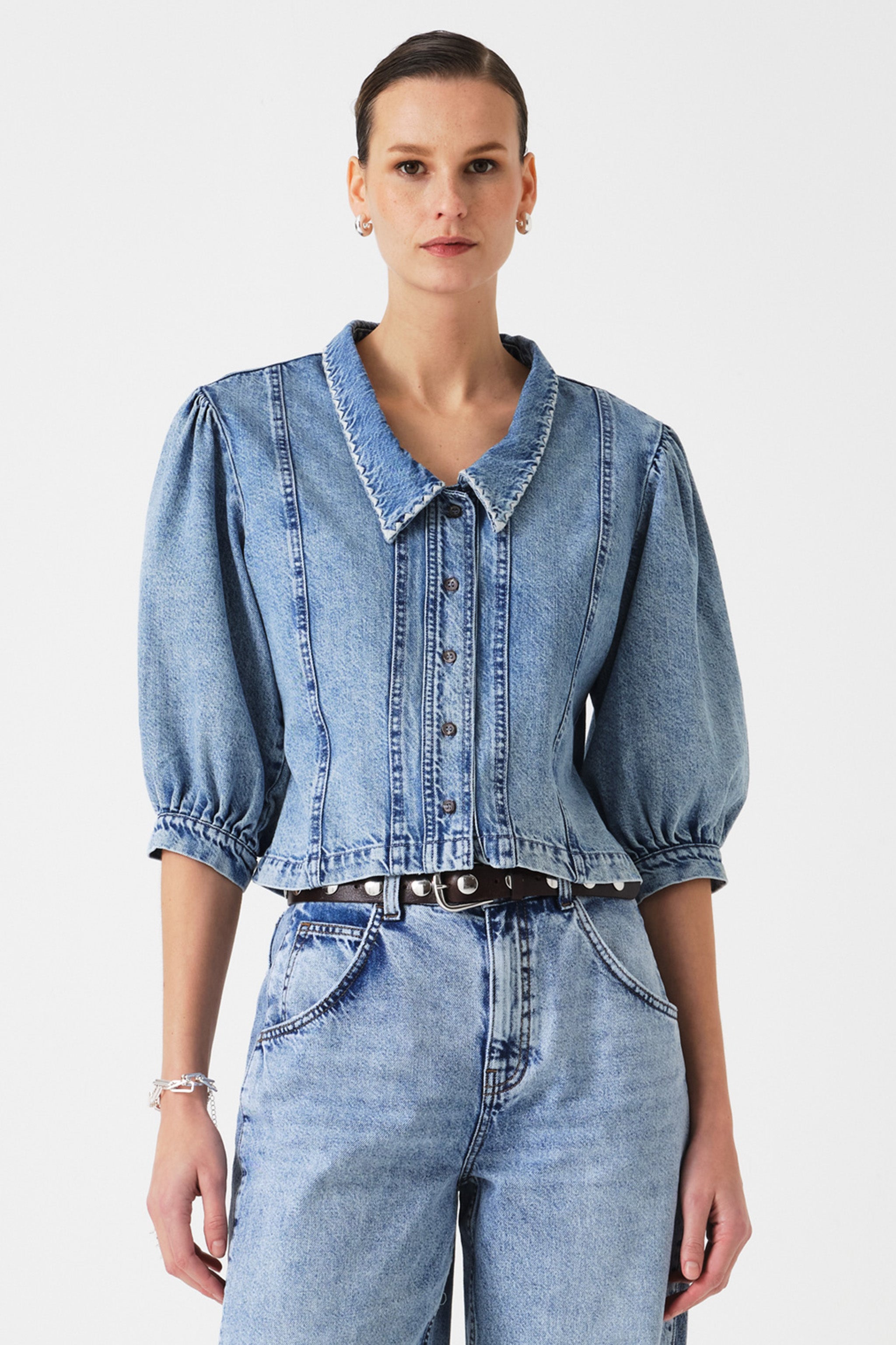 Talia Collared Denim Top in Newport