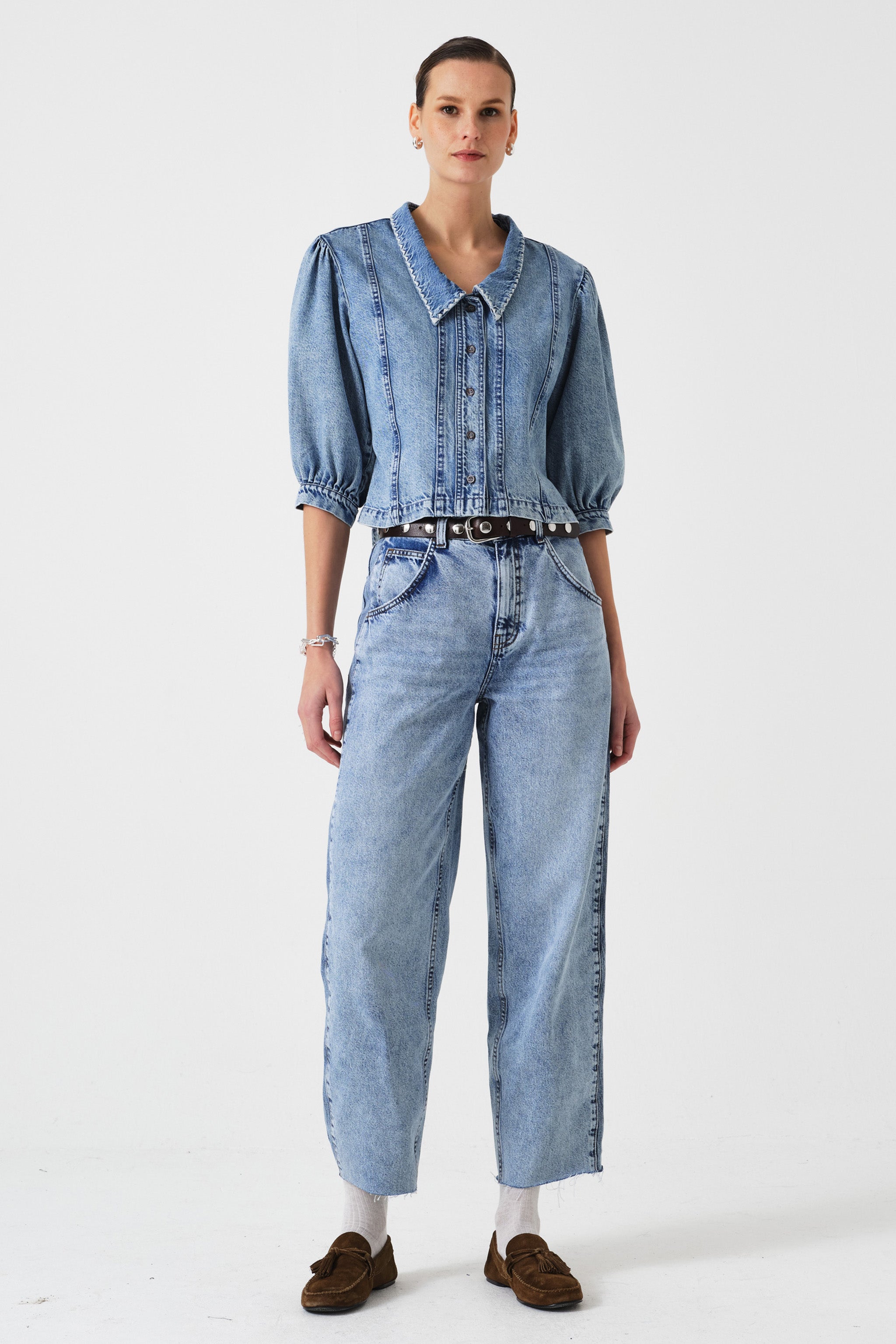 Talia Collared Denim Top in Newport