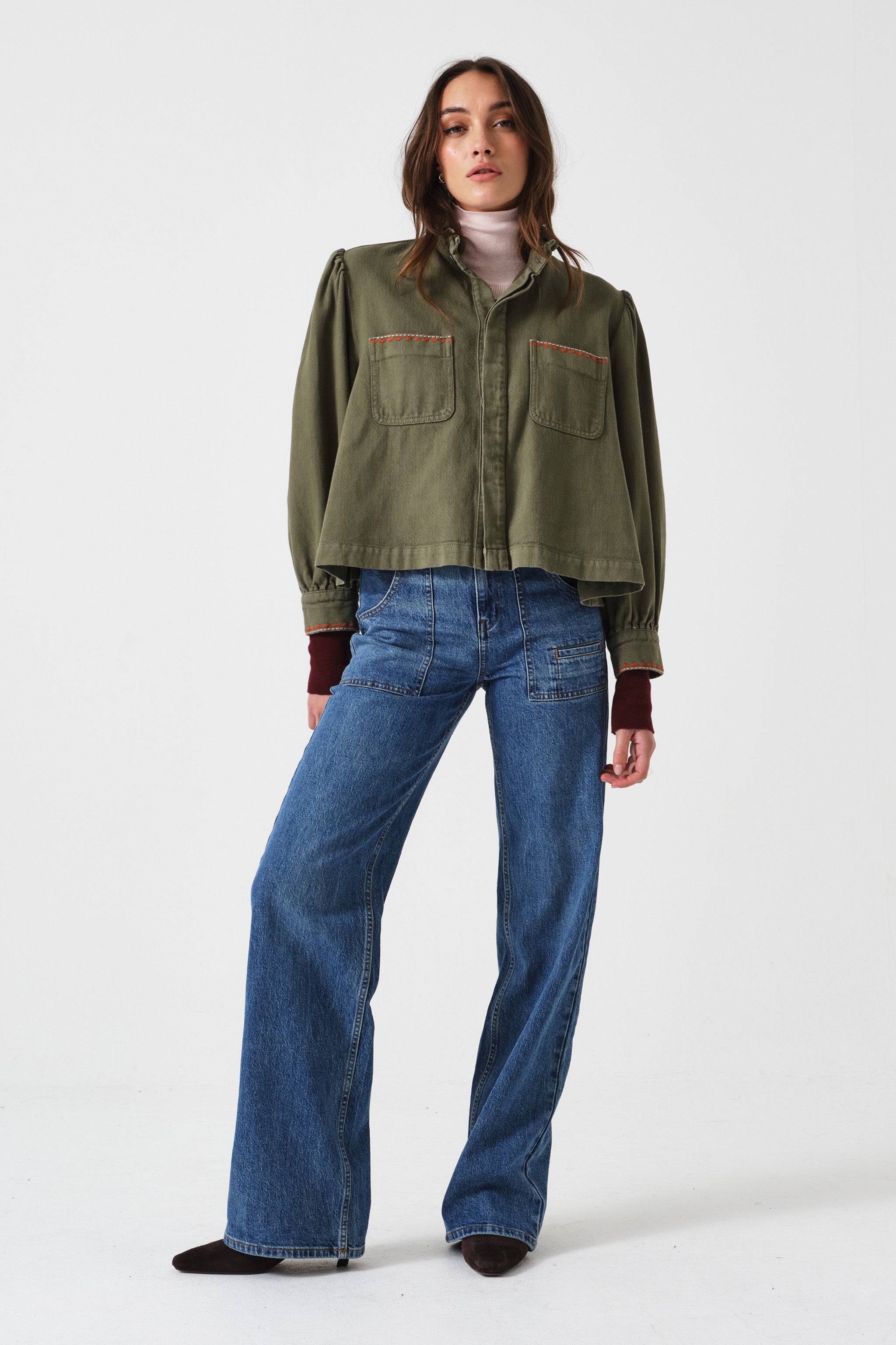 Ziggy Cropped Denim Jacket in Khaki